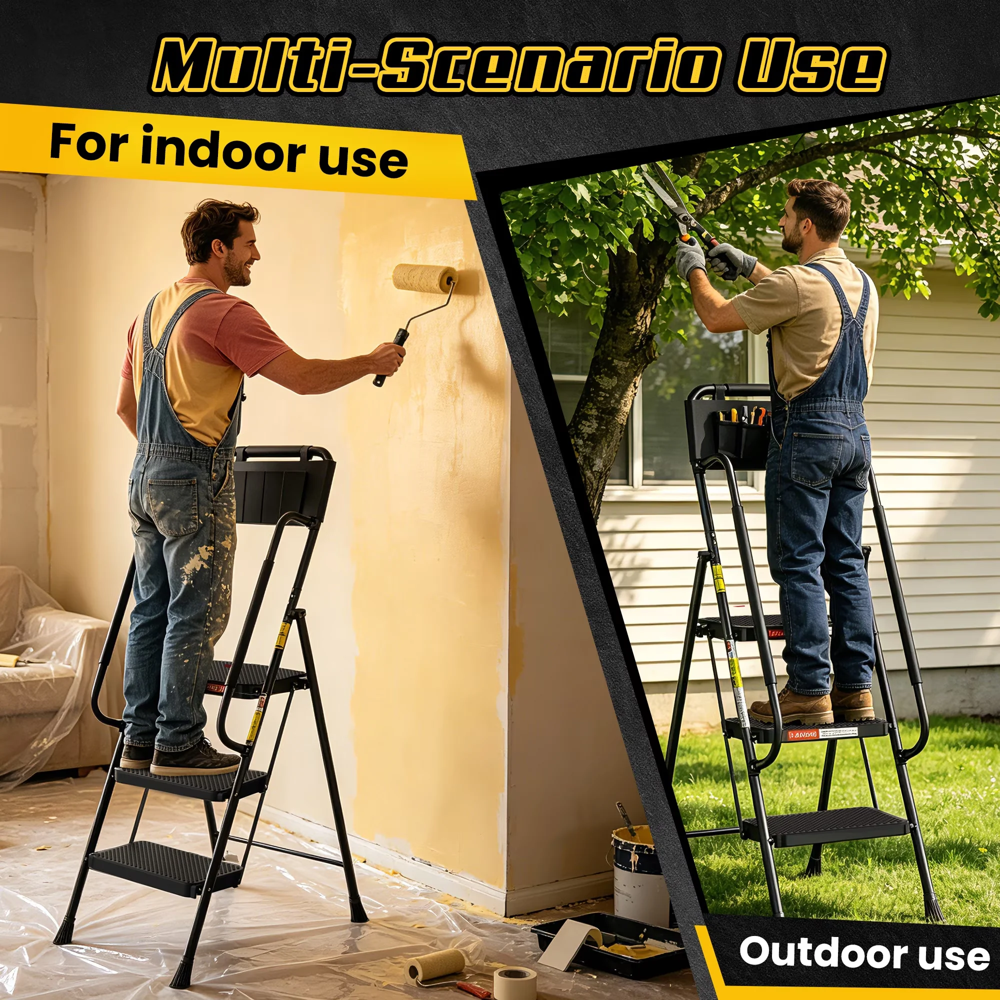 Building Material Premium with Stable Steel Step Stool, Folding 3 Step Ladder, Dual Handrails - Black Metal Model 164A6A