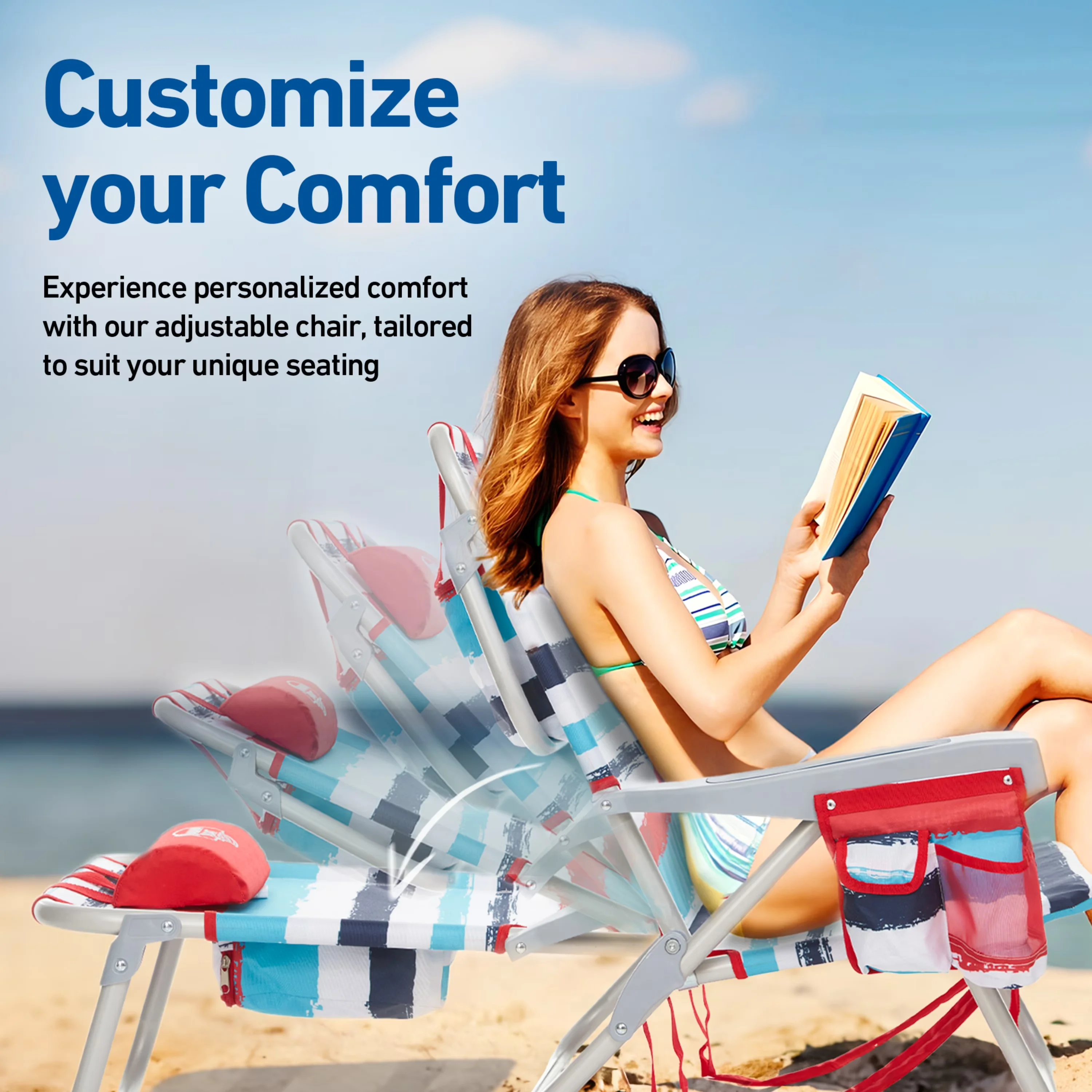 Durable Beach Chair with Folding, Adjustable, Backpack - Aluminum Red Multi Model 2E3F6F