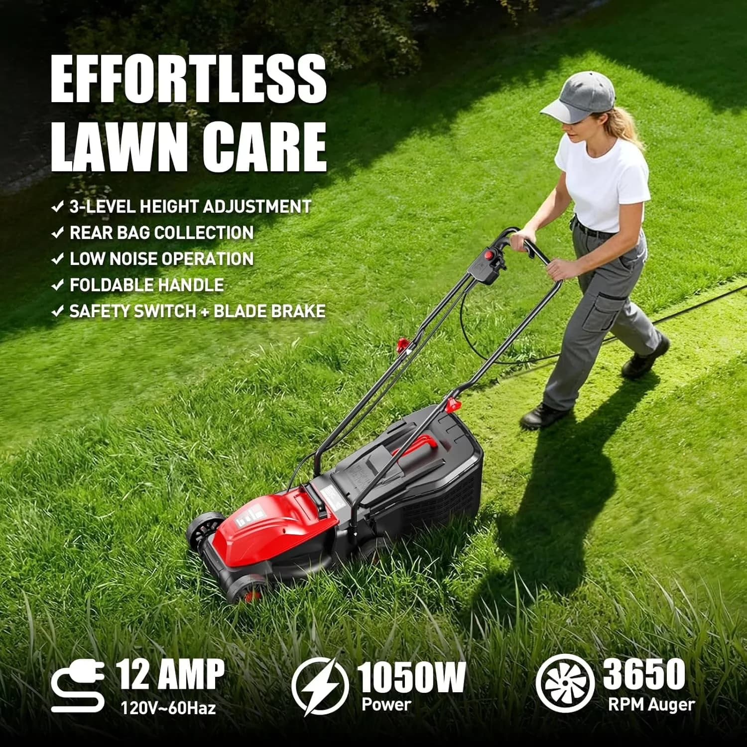 Stylish Push Mower with Adjustable Cutting Height, Button Instant Start, Low Noise & Zero Emissions - Red Model 9C65AF