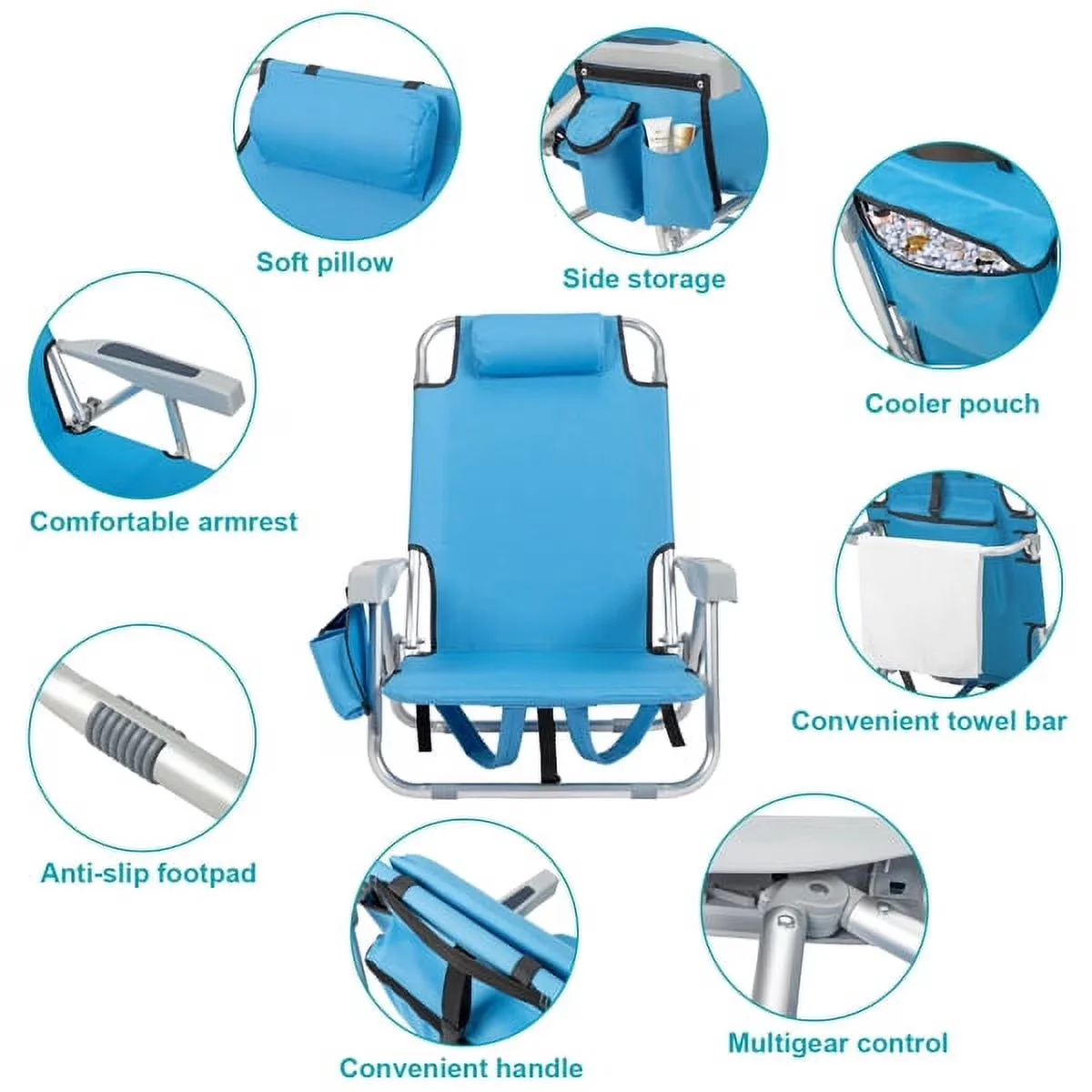 Reliable Beach Chair with Folding, Adjustable, Cup Holder Storage Pouches Blue - Blue-B Model 9C3755