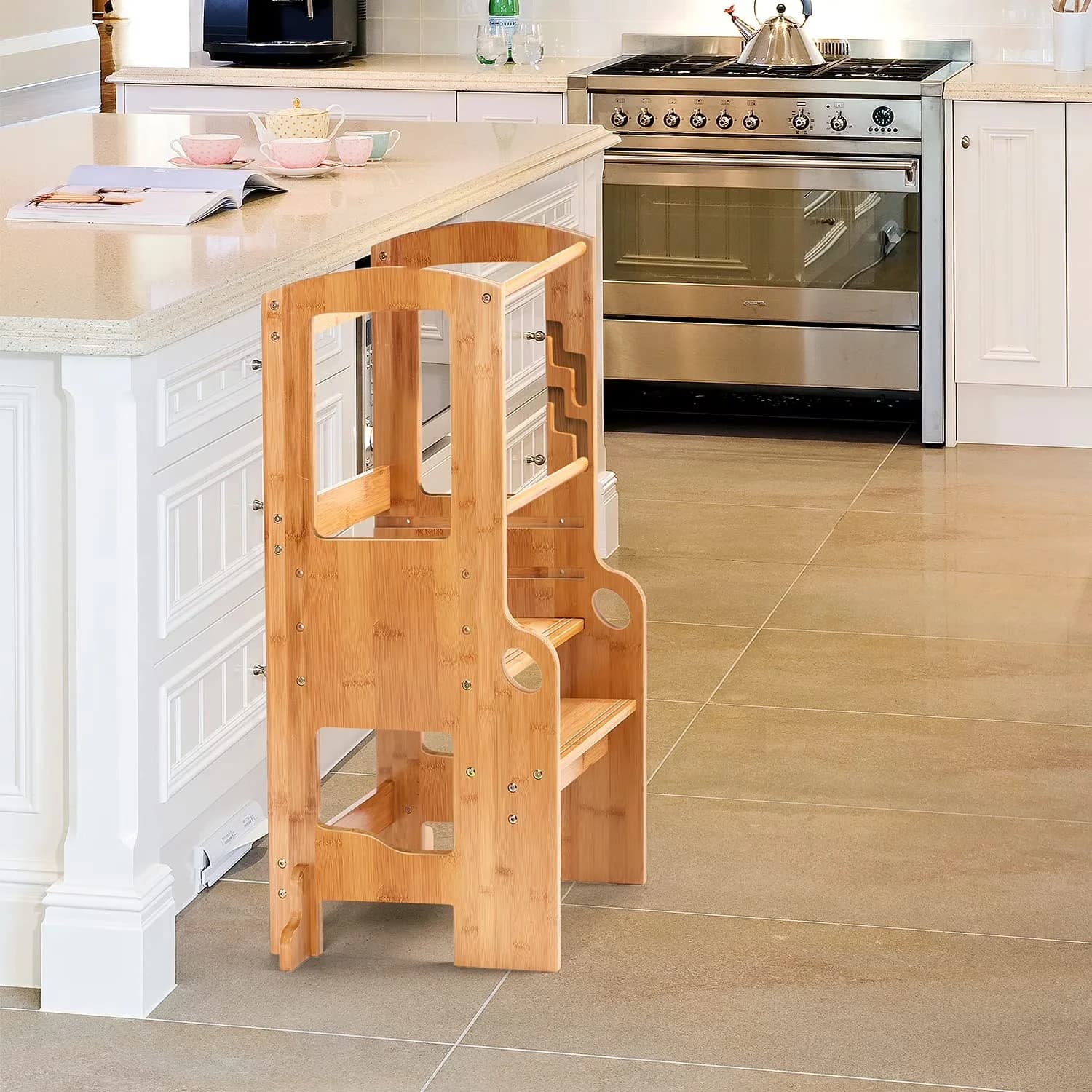 Premium Ladders And Step Stool with Adjustable Height, Anti-Slip - Natural Bamboo, Wood for Kitchen Model CA6DB9