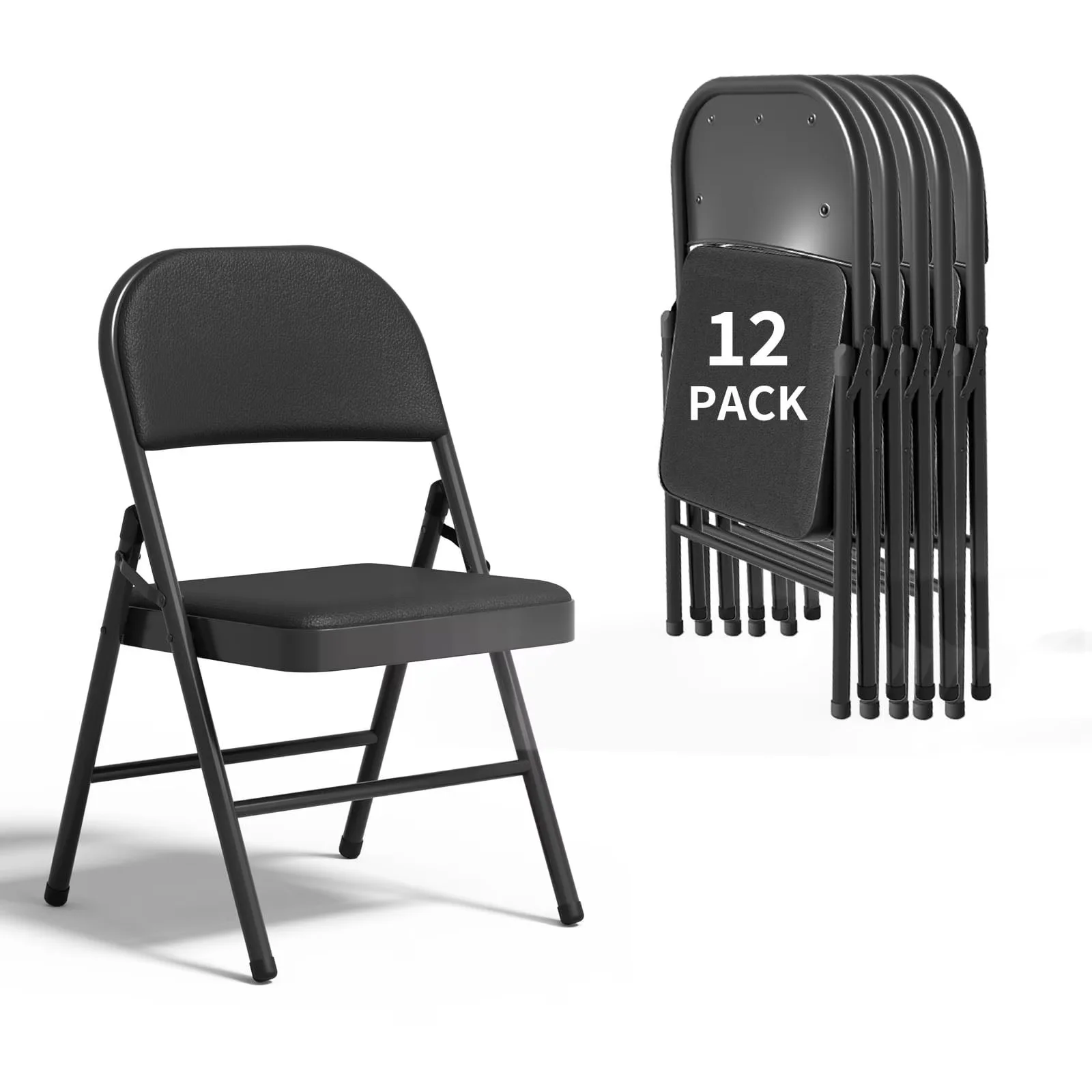 Modern Patio Chair with Padded, Set of 12 Folding Chairs, Padded Seats and Backs - Black for Indoor, Outdoor Model 2924F3