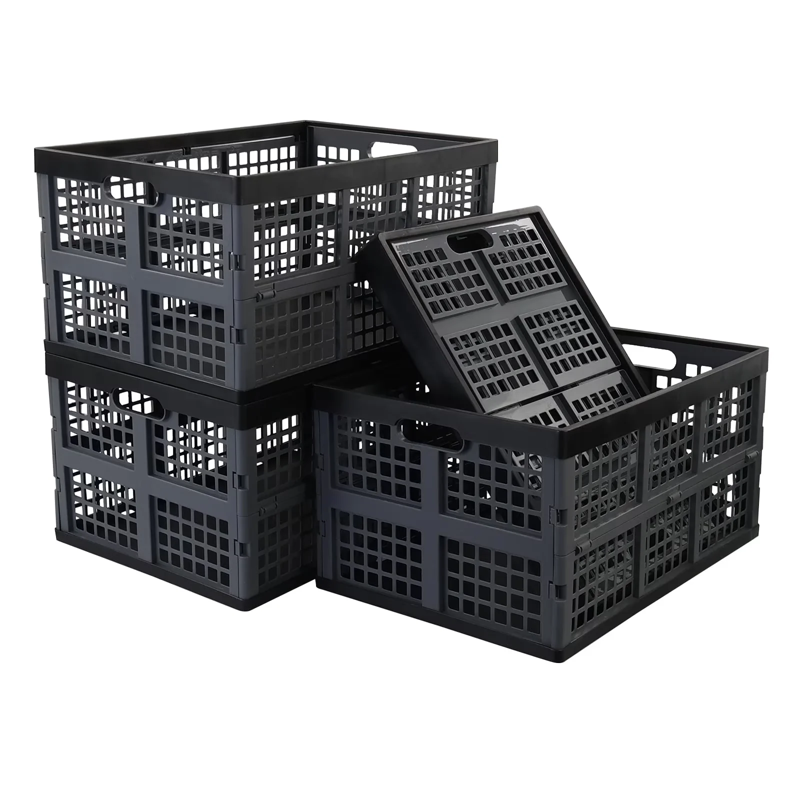 Essential Garage Storage Supply with Collapsible, 42 Liter Plastic Collapsible Crates, 4 Pack - Plastic Black Model 55821C