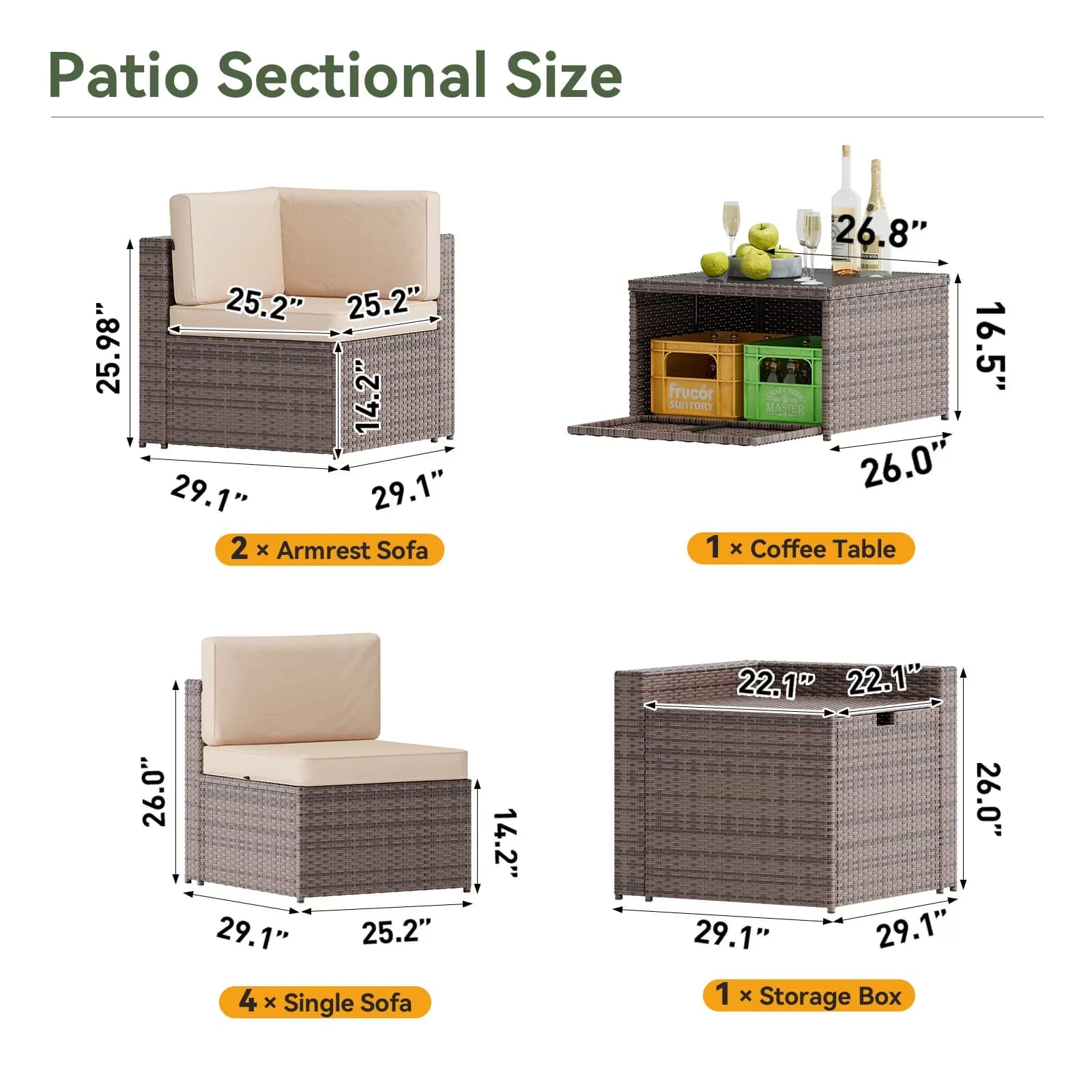 Quality Outdoor Sofas Sectional with Weather-Resistant, Storage - Brown Model 6FE560