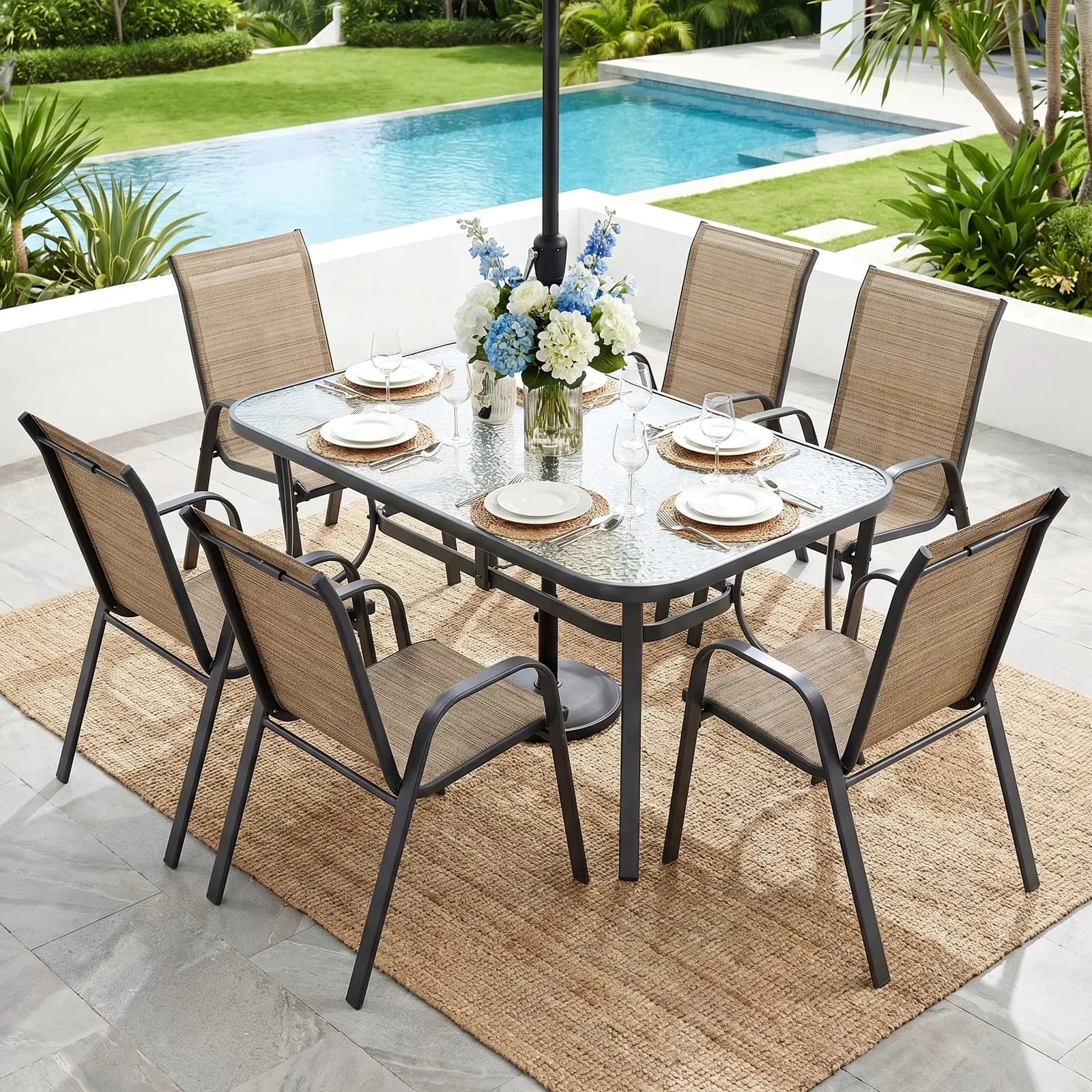 Patio Dining Set Professional with Storage, Rectangular Table, Outdoor of 7 - Steel Off-White Model A5AE7A