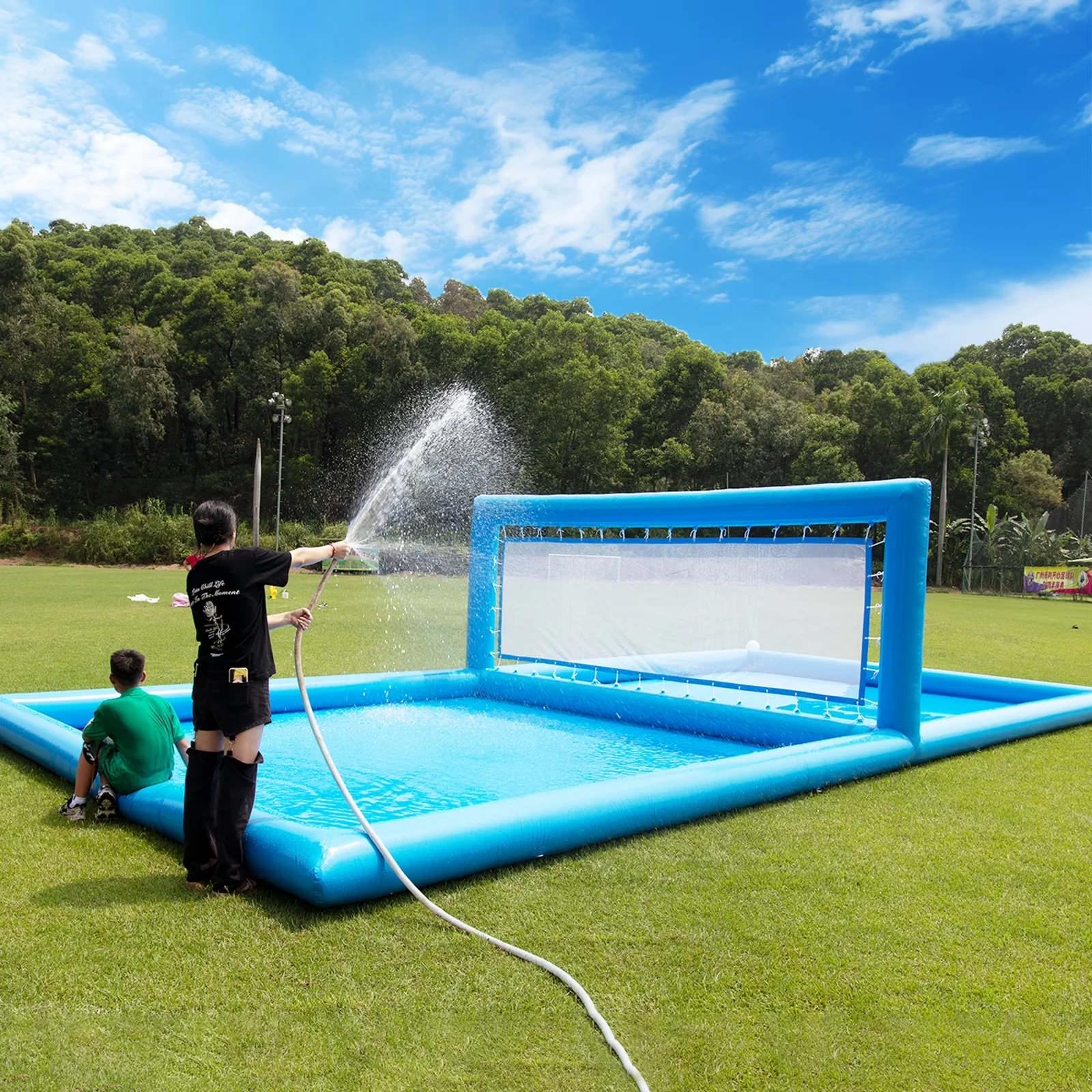 Stylish Inflatable Pool with 800W, 800W Blower - Blue for Outdoor, Party Model 5C6E28
