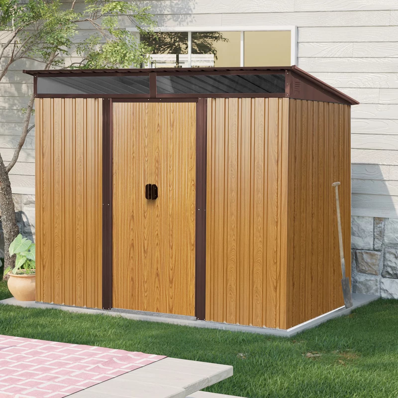 Versatile Shed with Lockable Door, Outdoor Storage 8 x 6 Ft Metal Garden, Sliding Doors and Transparent plate - Metal Coffee for Garden Model B9F300