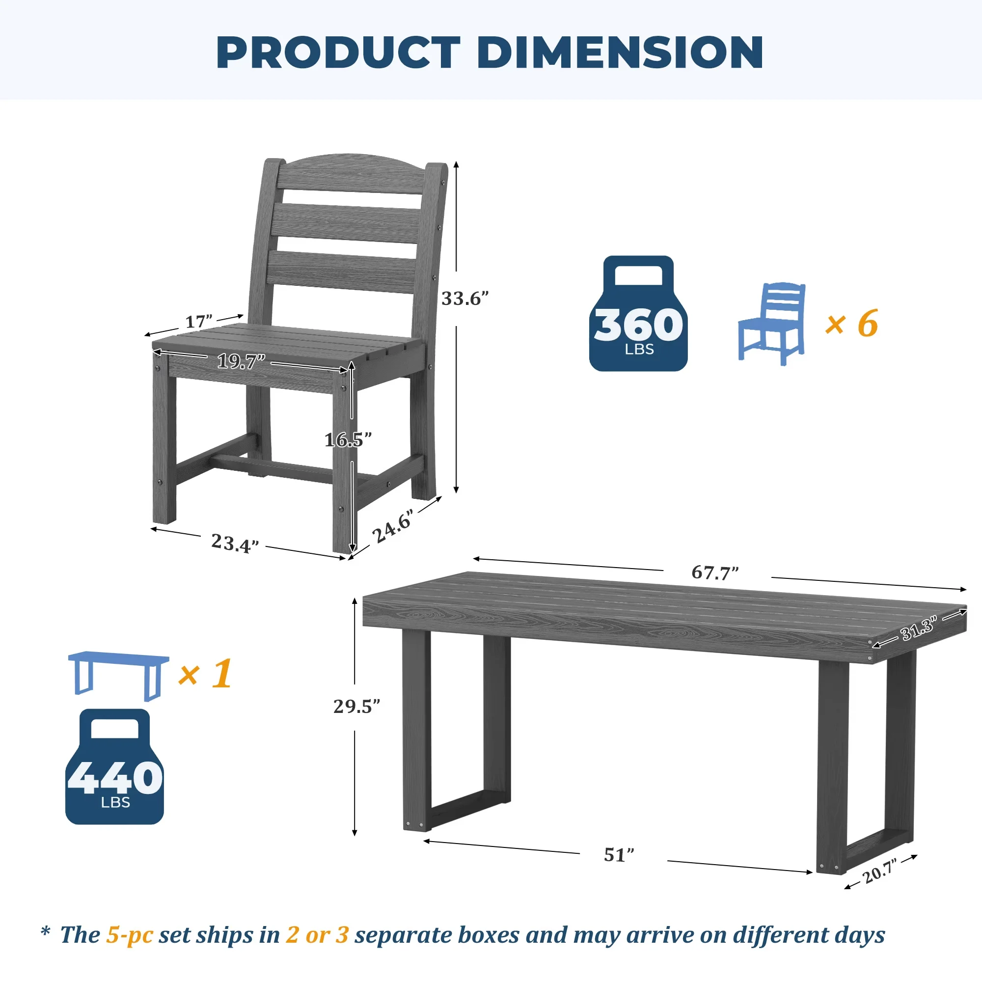 Patio Dining Set Professional with Umbrella Hole, Rectangular Table - 7-Piece(Armless Chair) Gray Model 9D24BE
