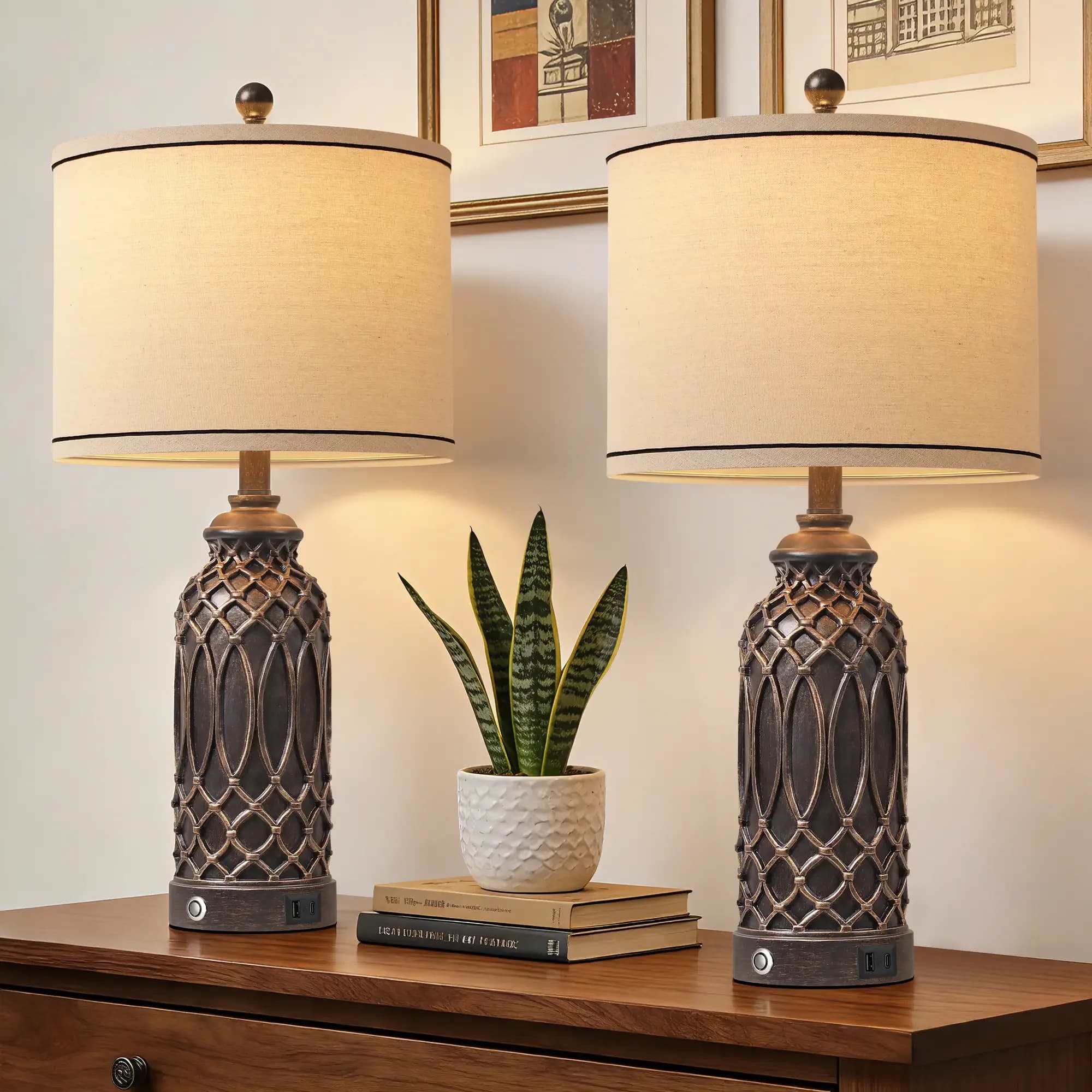 Essential Lamp Set with LED, Usb Port, Modern - Resin Black Farmhouse - Premium Collection Model 5D6571