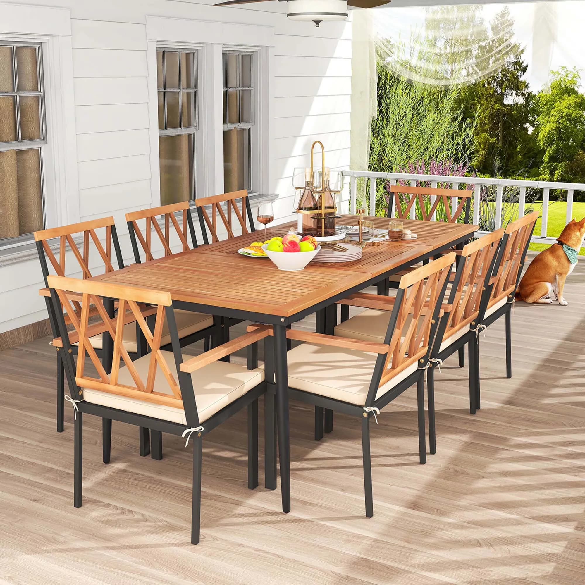 Patio Dining Set Sleek with 9 PCS Table, 1.9" Umbrella Hole & 8 Chairs Outdoor - Off-White Acacia Wood, Metal Model 4762B9