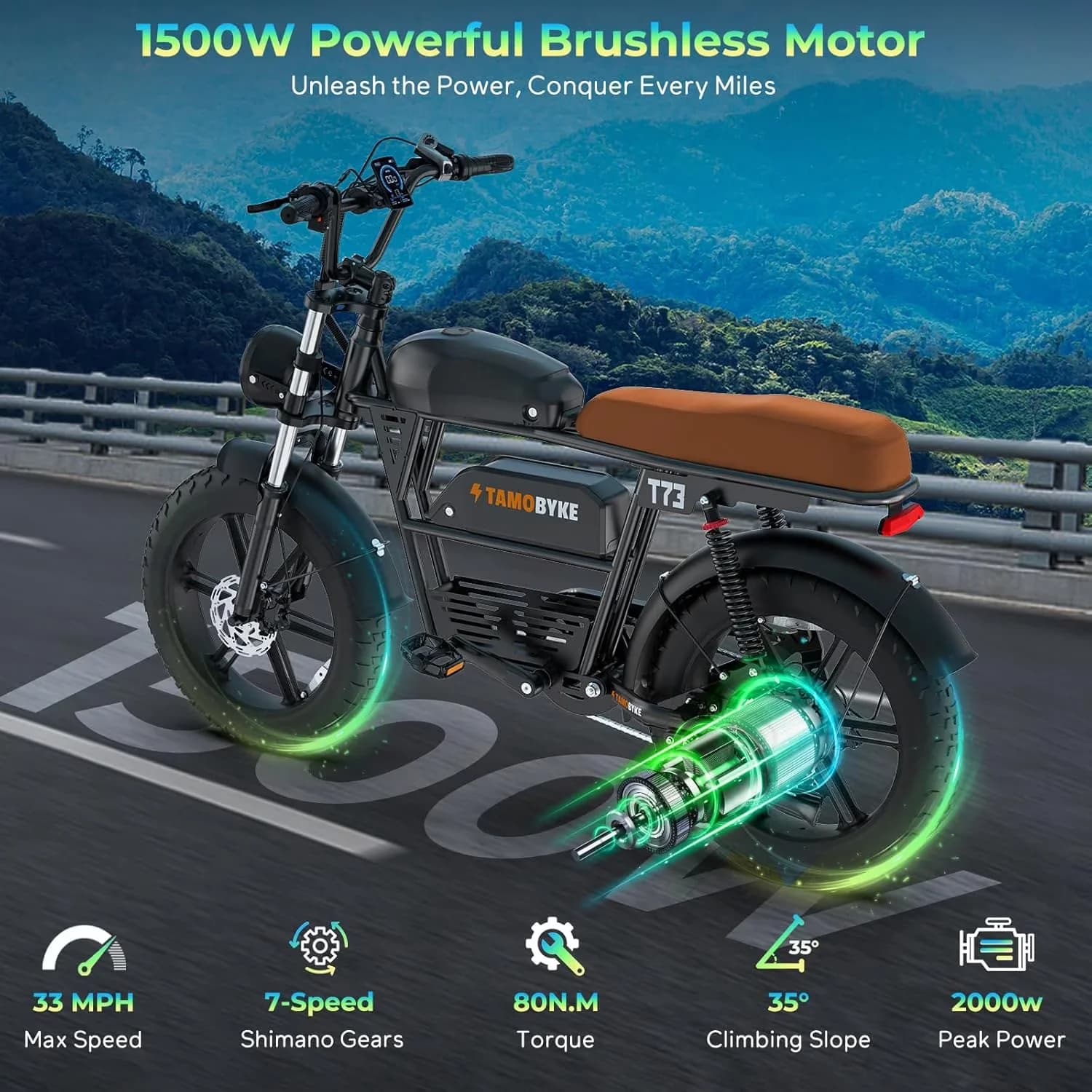 Innovative Electric Bike with Battery, 1500W, T73 Max - Brown - Durable Build Model BA5234