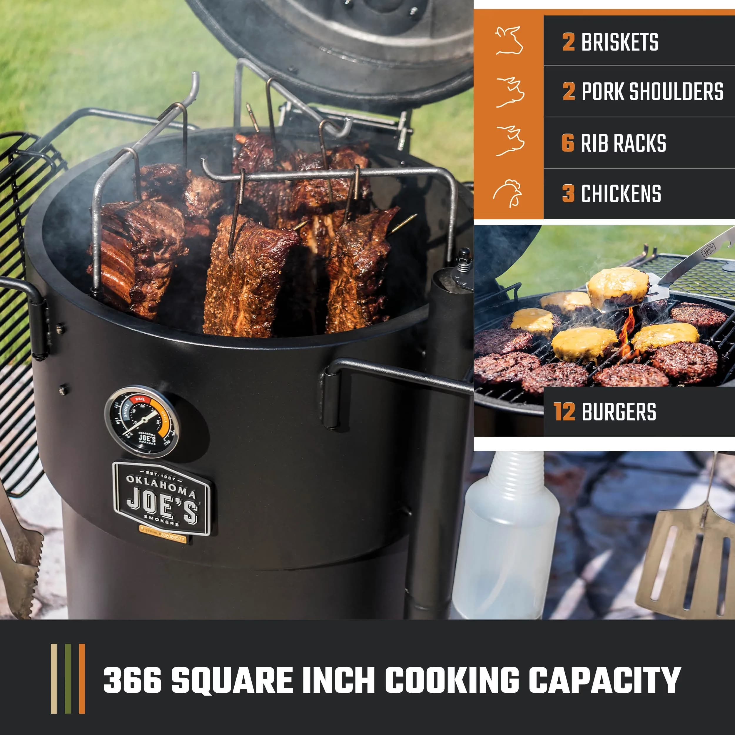 Premium Smoker with Rust Resistant, Adjustable Charcoal Tray, Adjustable Air Vents - Heavy Duty Steel Black Model FE903B