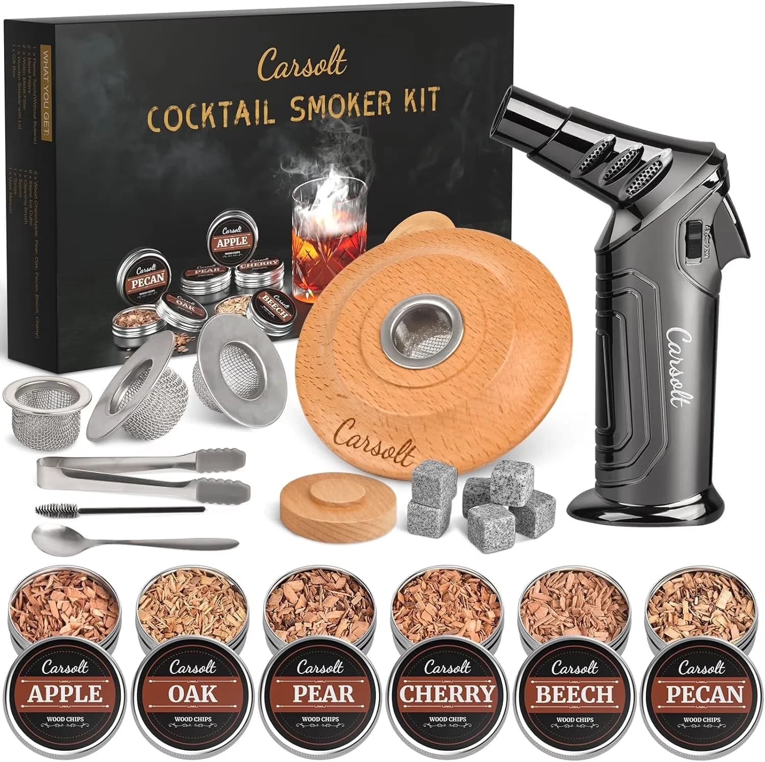 Smoker Compact with Cocktail Kit, 6 Flavors Wood Chips, Torch - Wood - Sleek Profile Model E2E422