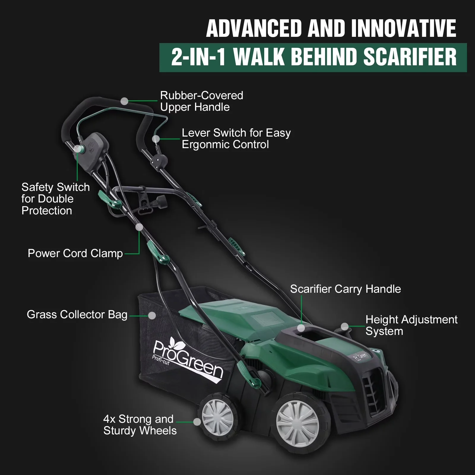 Quality Push Mower with Folding Handle, Adjustable Cutting Height, Garden Scarifier - Green#54 Model A615D7