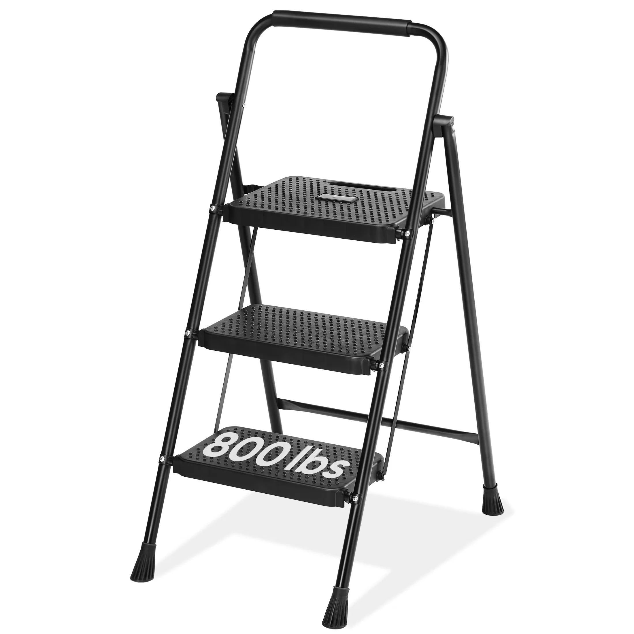 Essential Building Material with 3 Step Ladder, Anti-Slip - Metal Black for Kitchen, Garage Model F22837