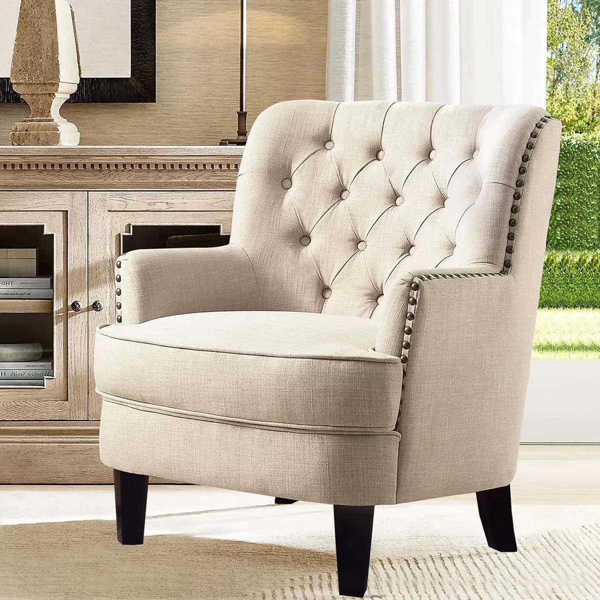 Patio Chair Premium with Tufted, Nailhead Trim, Velvet Upholstered Club 34.5”H - Wood Beige Model D03380