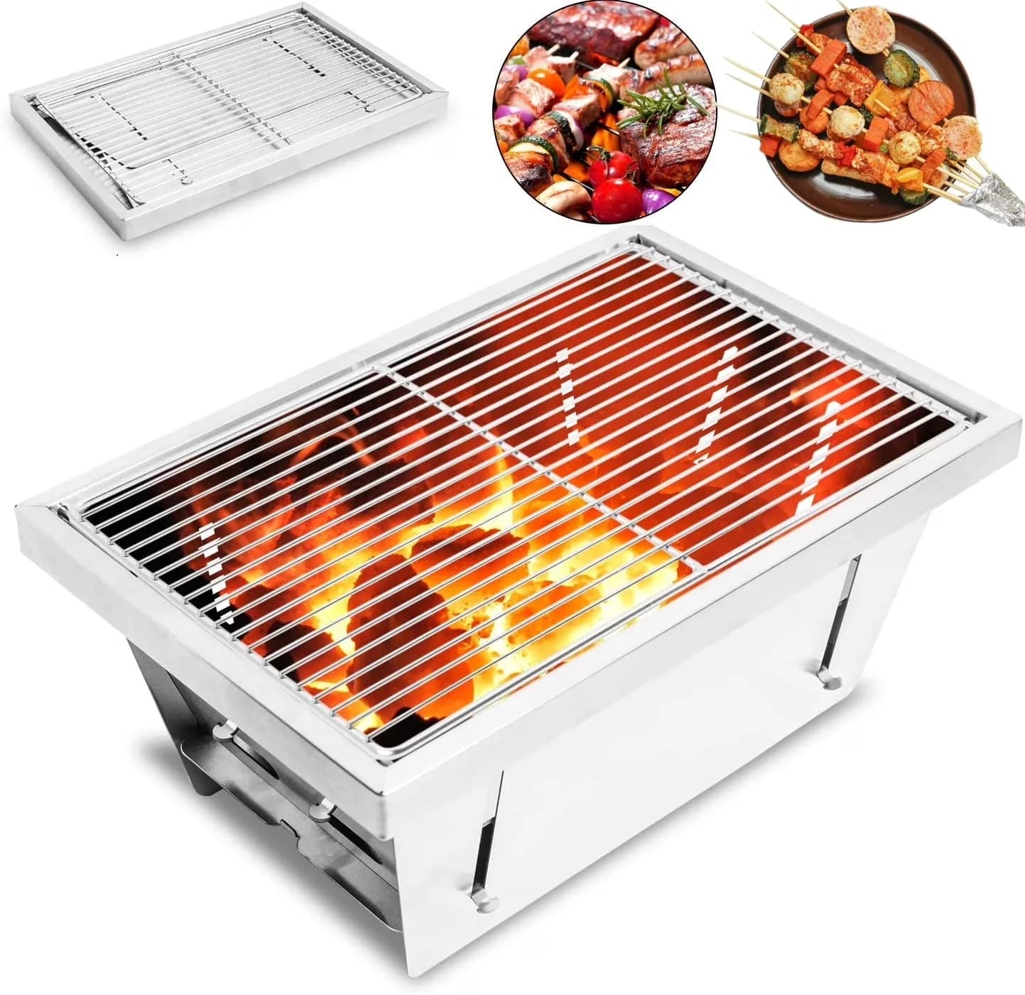Efficient Combo Grill with Portable, 7.50" Charcoal Foldable Outdoor - Silver Stainless Steel Model C046D9