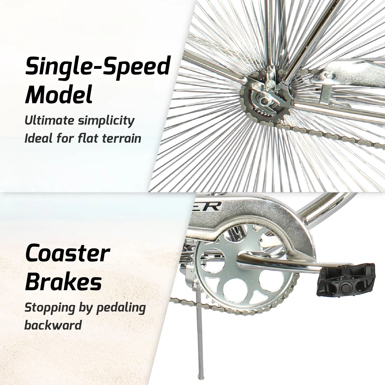 Versatile Cruiser Bike with Adjustable Seat, COLORS:Chrome, STEM:Alloy 22.2x25.4x1180mm, Ext: 80mm - Chrome Model 6BA746
