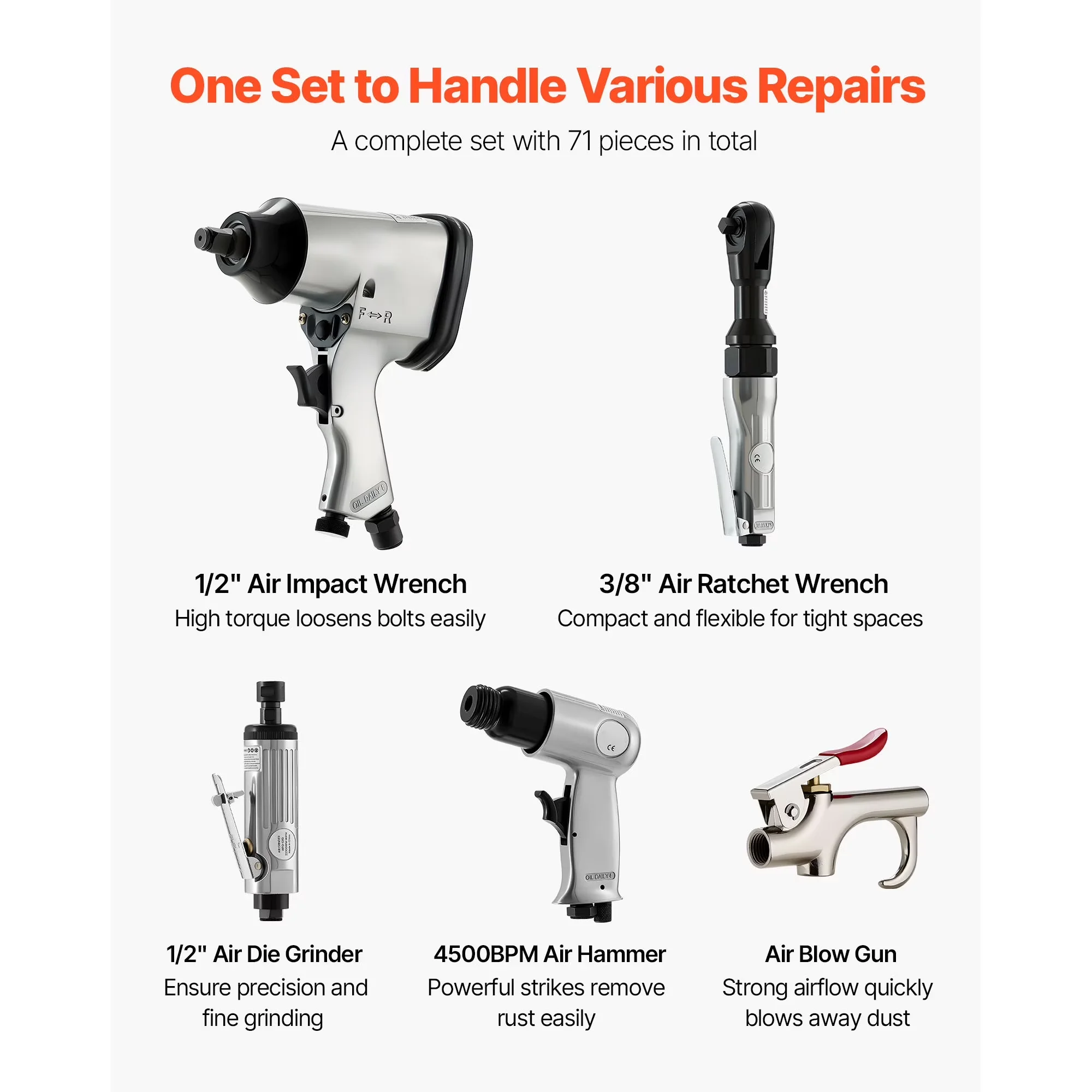 Air Tools Compressor Efficient with Lightweight, Blow Gun, Includes 1/2" Impact Wrench - Model D5D6AD
