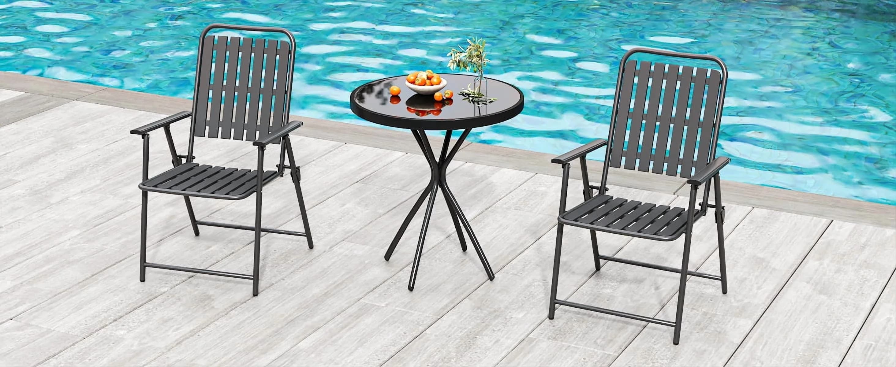 Essential Patio Dining Set with Foldable Chairs & Tempered Glass Table, 3-Piece Outdoor Bistro - Black Fabric,Glass,Metal for Garden Model A225D2