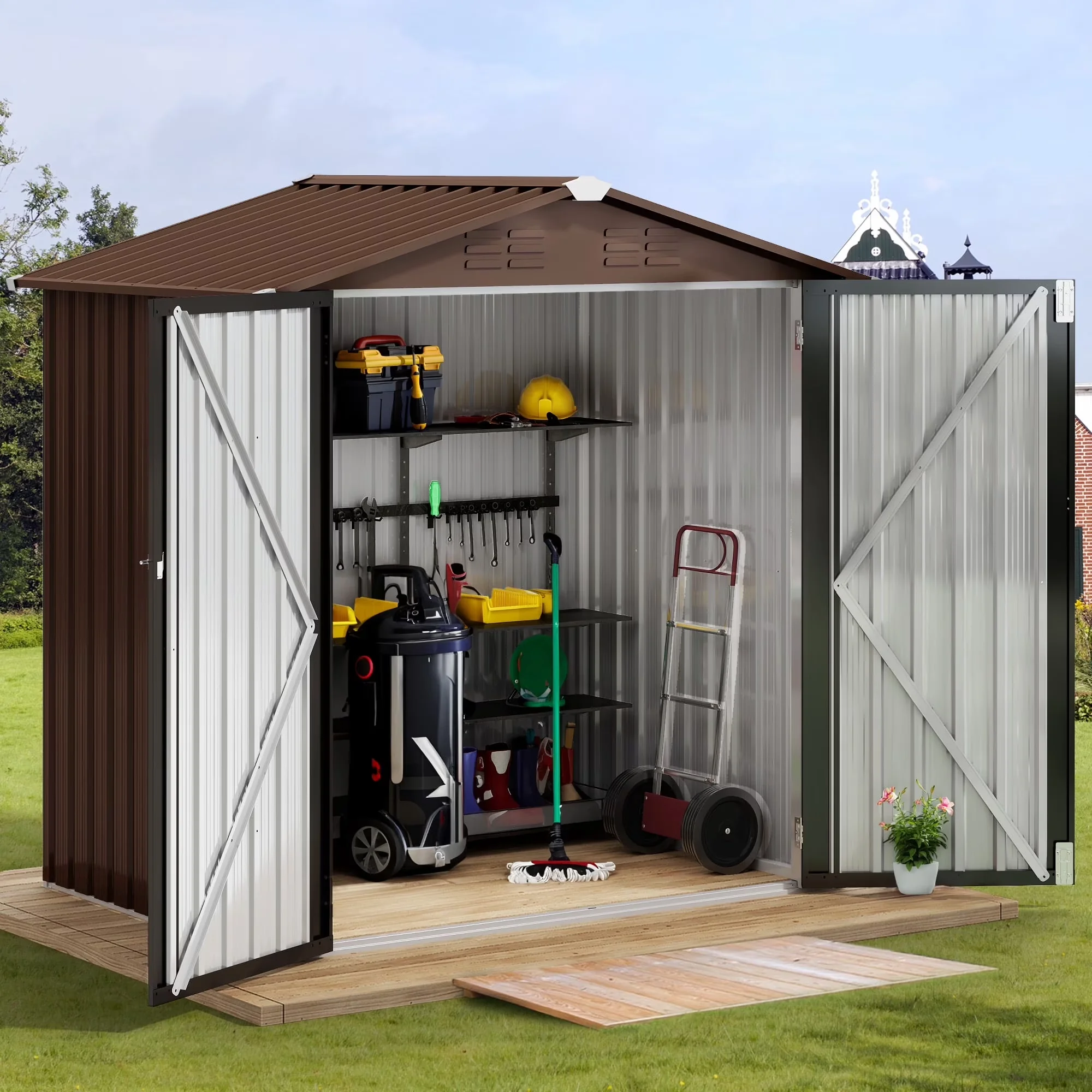 Shed Modern with Lockable Door, Outdoor Storage 6x4FT, Lockable Door & Air Vent - Metal Brown Model 69850C