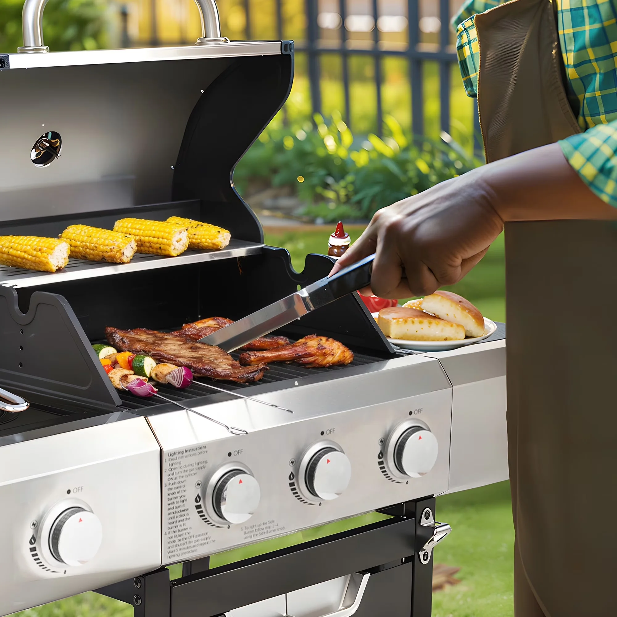Professional Gas Grill with Warming Rack, Grill Tools, - Silver Stainless Steel for Outdoor, Camping Model 1DCE9C