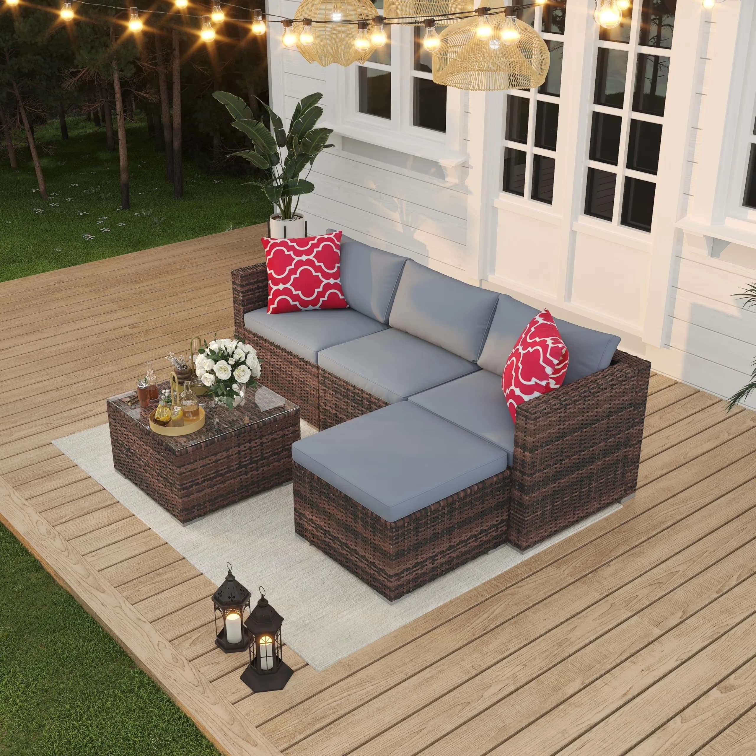 Stylish Outdoor Sofas Sectional with Waterproof Cushions, Tempered Glass Table - Pe Rattan, Polyester, Glass, Metal, Steel Brown... Model 9CF9D2
