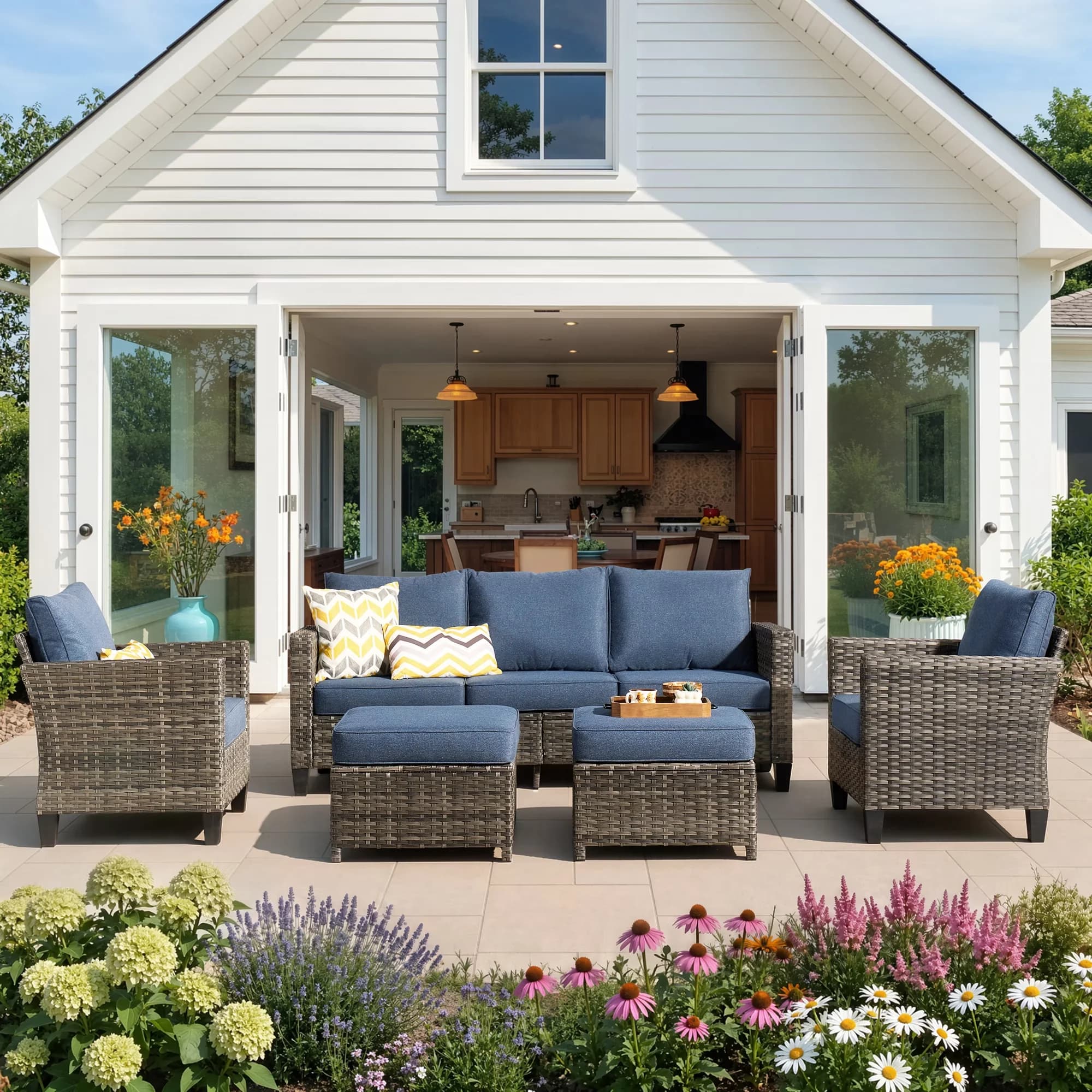 Patio Conversation Set Reliable with Weatherproof, 2 Ottomans, Denim Blue - Denim Blue Wicker Model 811ECF