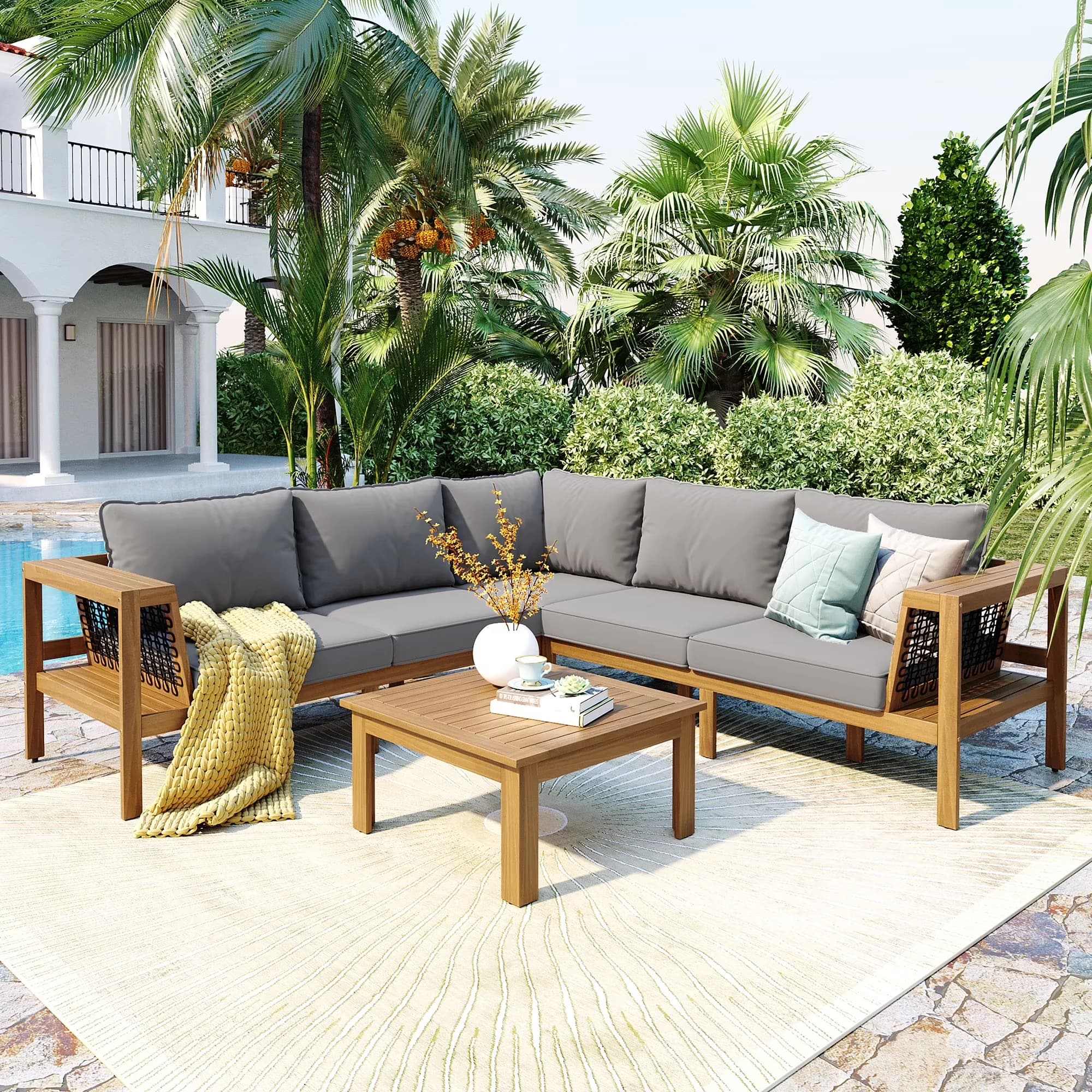 Essential Outdoor Sofas Sectional with Stain Resistant, Side Table, and Gray Cushions - Gray Acacia Wood Model 97B217