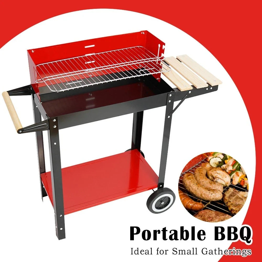 Compact Charcoal Grill with Portable, Square BBQ - Stainless Steel Red for Outdoor, Camping Model 6A08CA