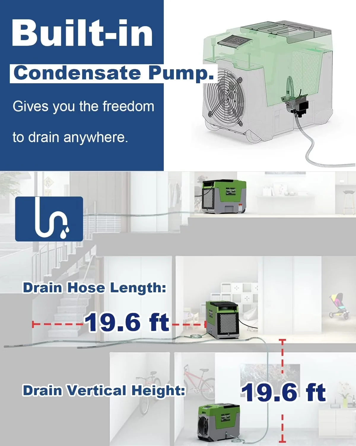 Sleek Dehumidifier with Built-In Pump, Automatic Shut-Off, Energy Efficient - Green Model 534E0D
