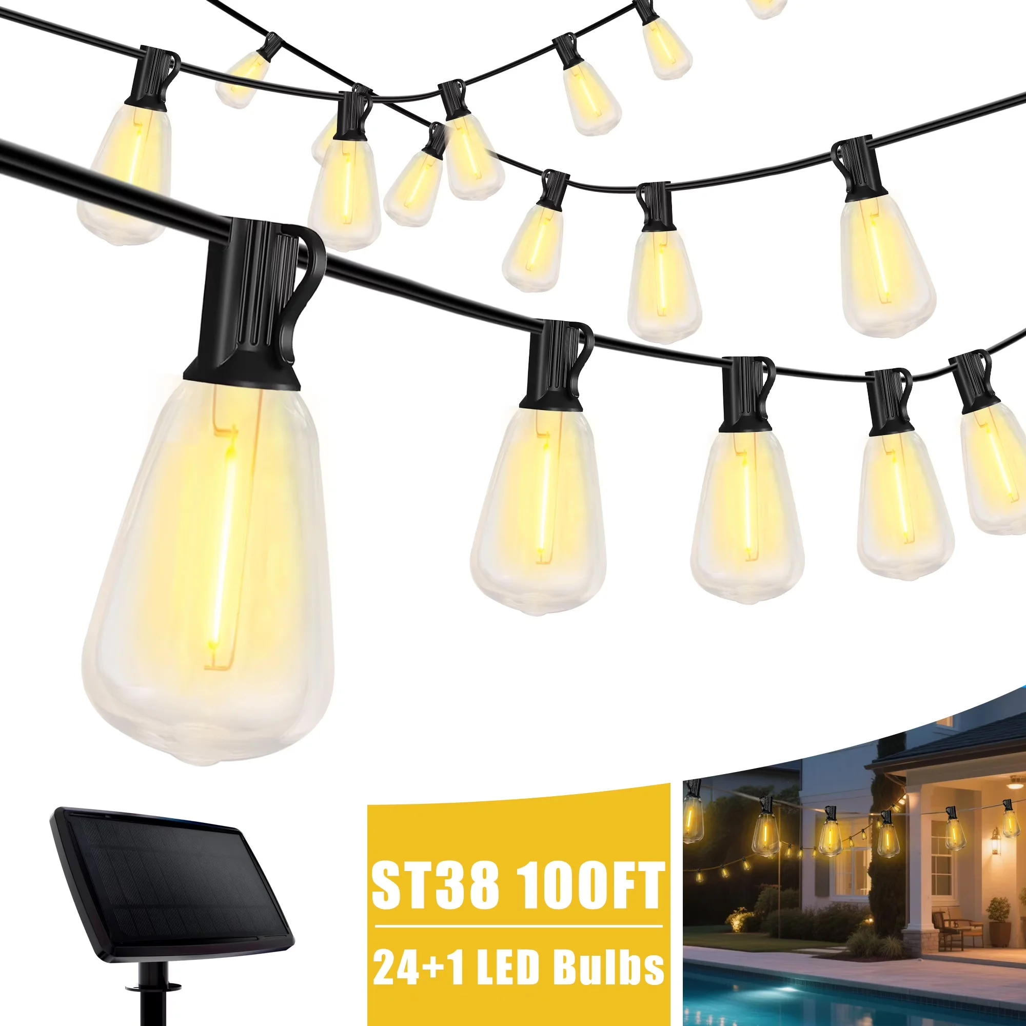 Essential Led Lighting with LED, Solar, 100FT Solar String Lights Outdoor - White for Camping, Party Model 02ABDD
