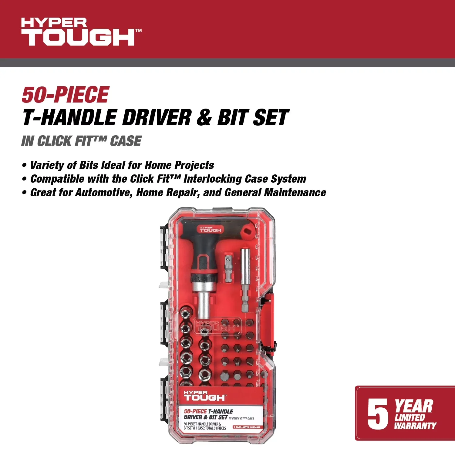 Versatile Drills Driver with Heavy-Duty, Handheld, 50-Piece T-Handle - Red Assorted Model A670BE