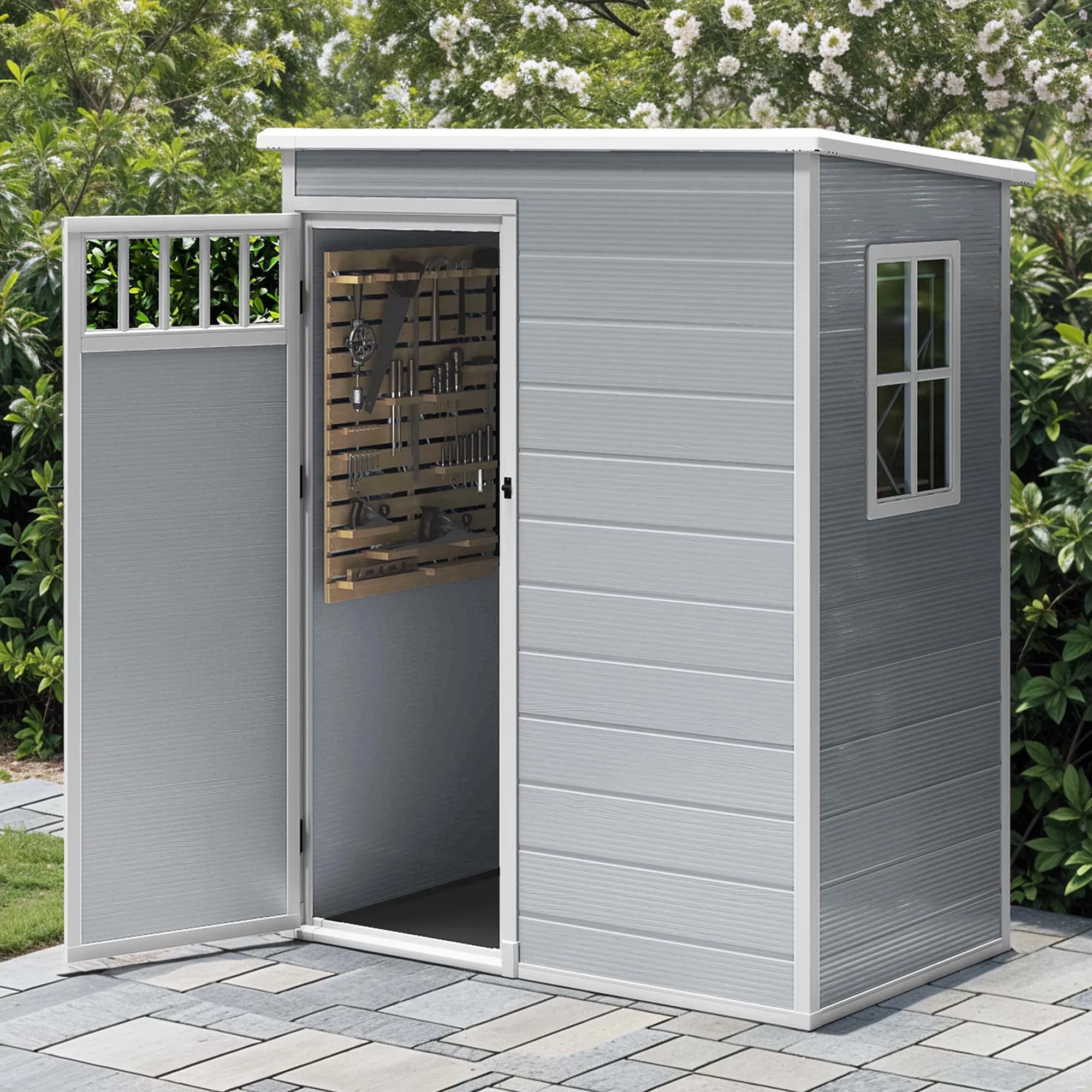Quality Shed with Waterproof, Windows, 5x3FT Outdoor Storage - Gray Plastic Model 54435E