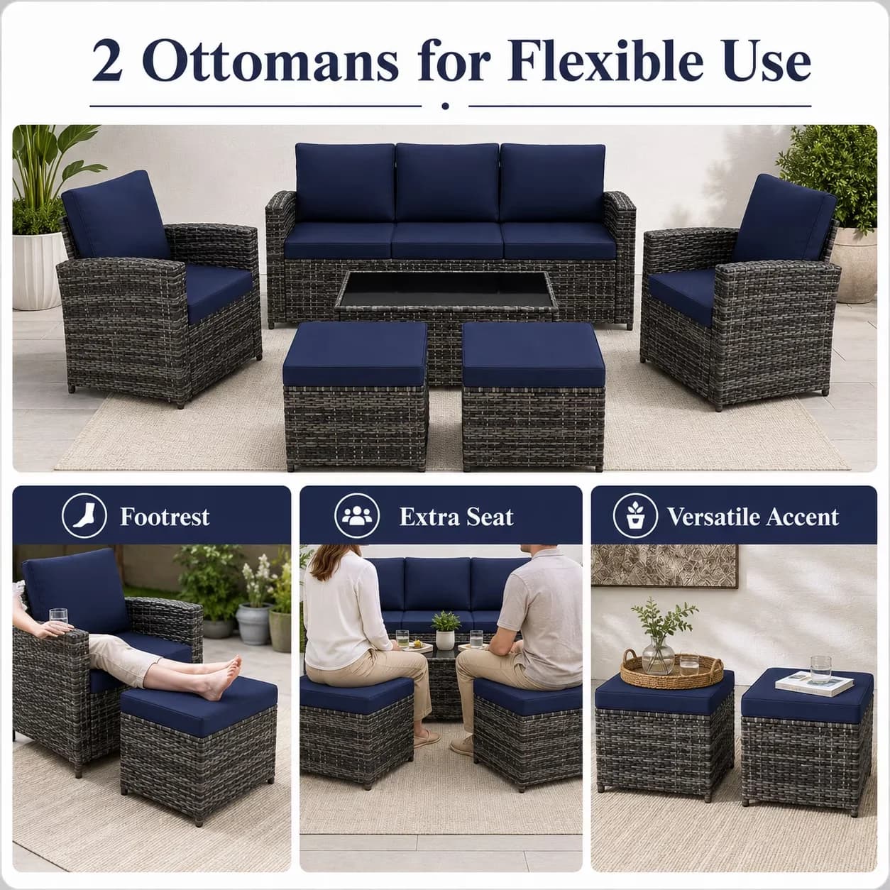 Innovative Patio Conversation Set with Cushions, Furniture on Sale - Pe Rattan+Steel+Polyester Fabric+Foam(1.7Lbs/Cu.Ft)+Tempered Glass Model 016CA5