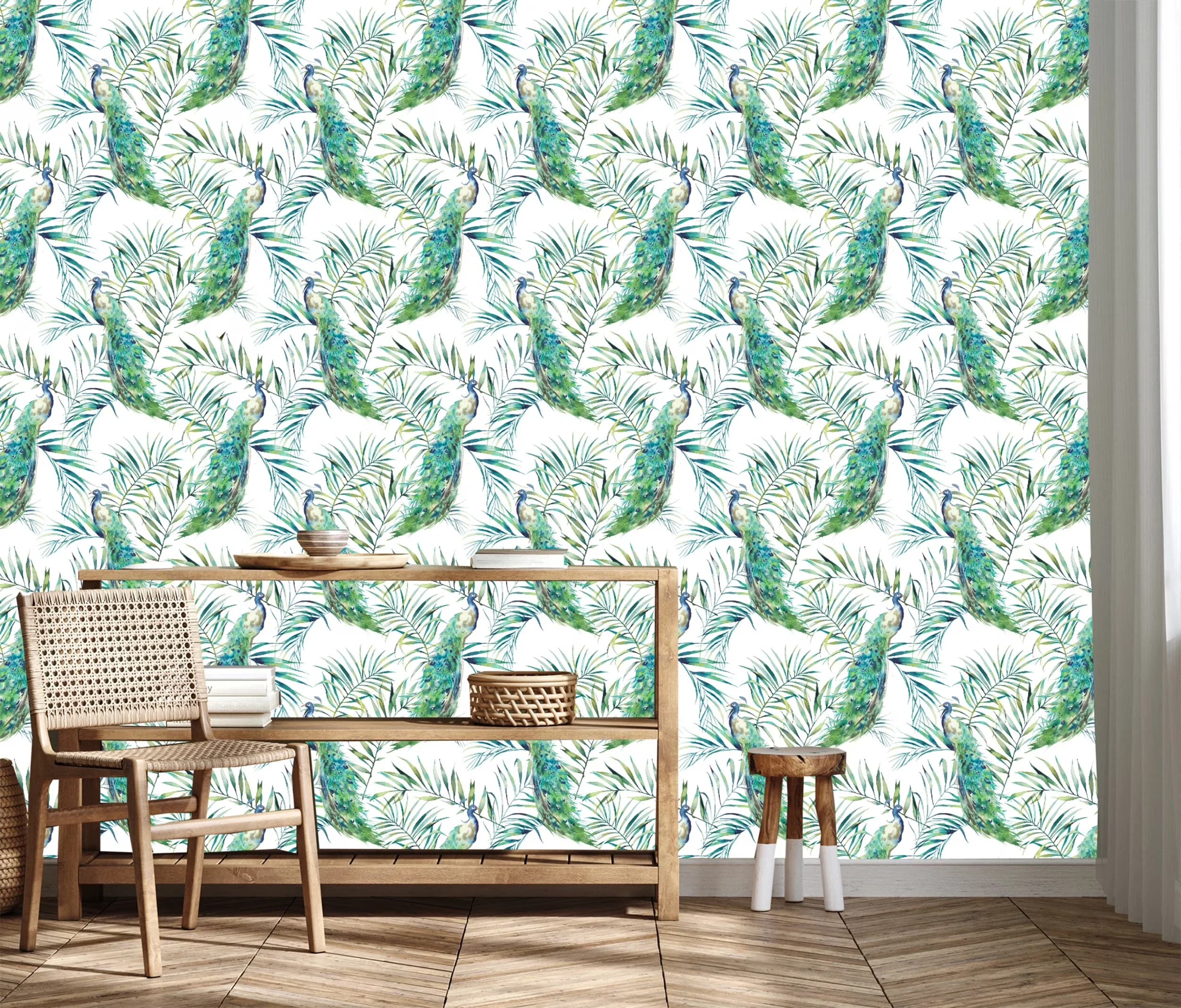 Premium Wallpaper Wall Decals Wall Covering with Removable, Florals Wallpaper - Green, White Self Adhesive Model 674B63