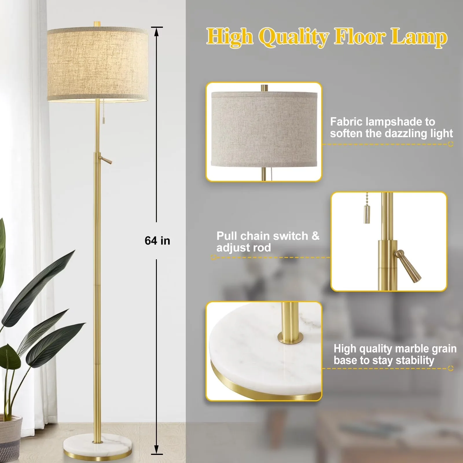 Compact Floor Lamp with LED, Adjustable Height, Modern - Gold Metal, Stone Model 09C64F