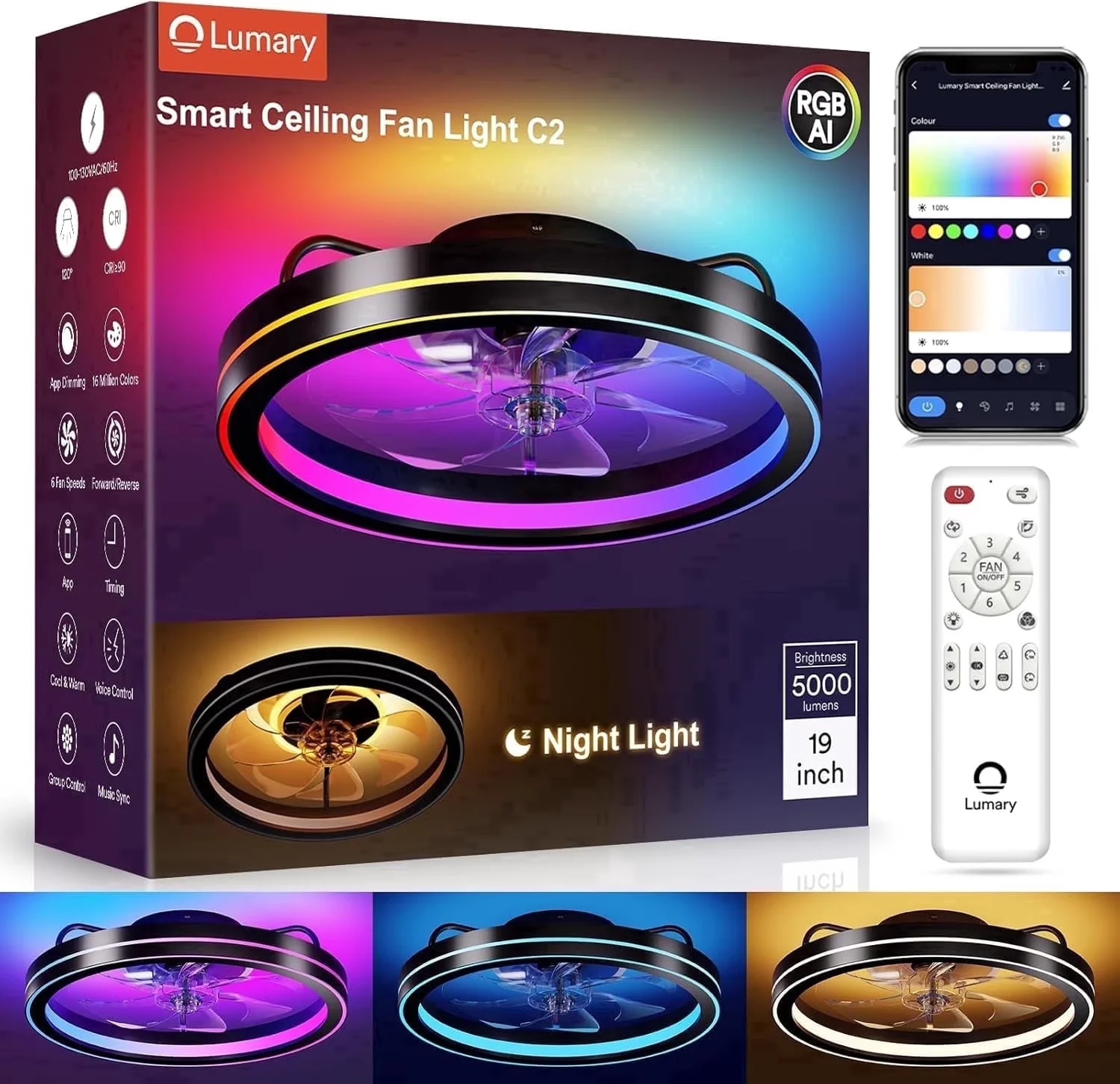 Versatile Ceiling Fan with LED, Art Deco, Smart Wi-Fi - Black Abs 2200K Model 6B57E8
