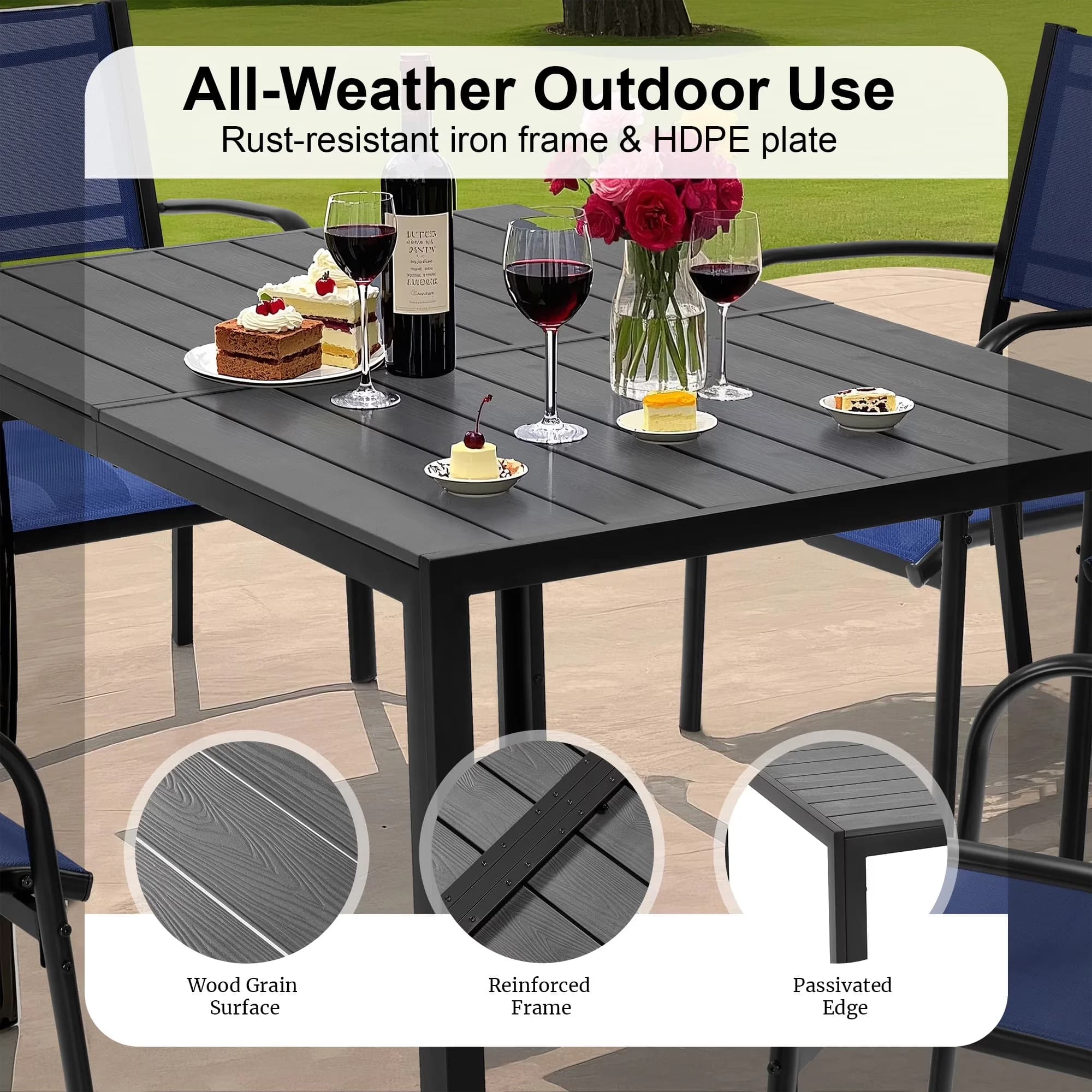 Patio Dining Set Versatile with Storage, Seating Width:16.54'' - Plastic+ Steel Frame 7Pcstextilene-Blue for Small, Garden Model 1C1D26