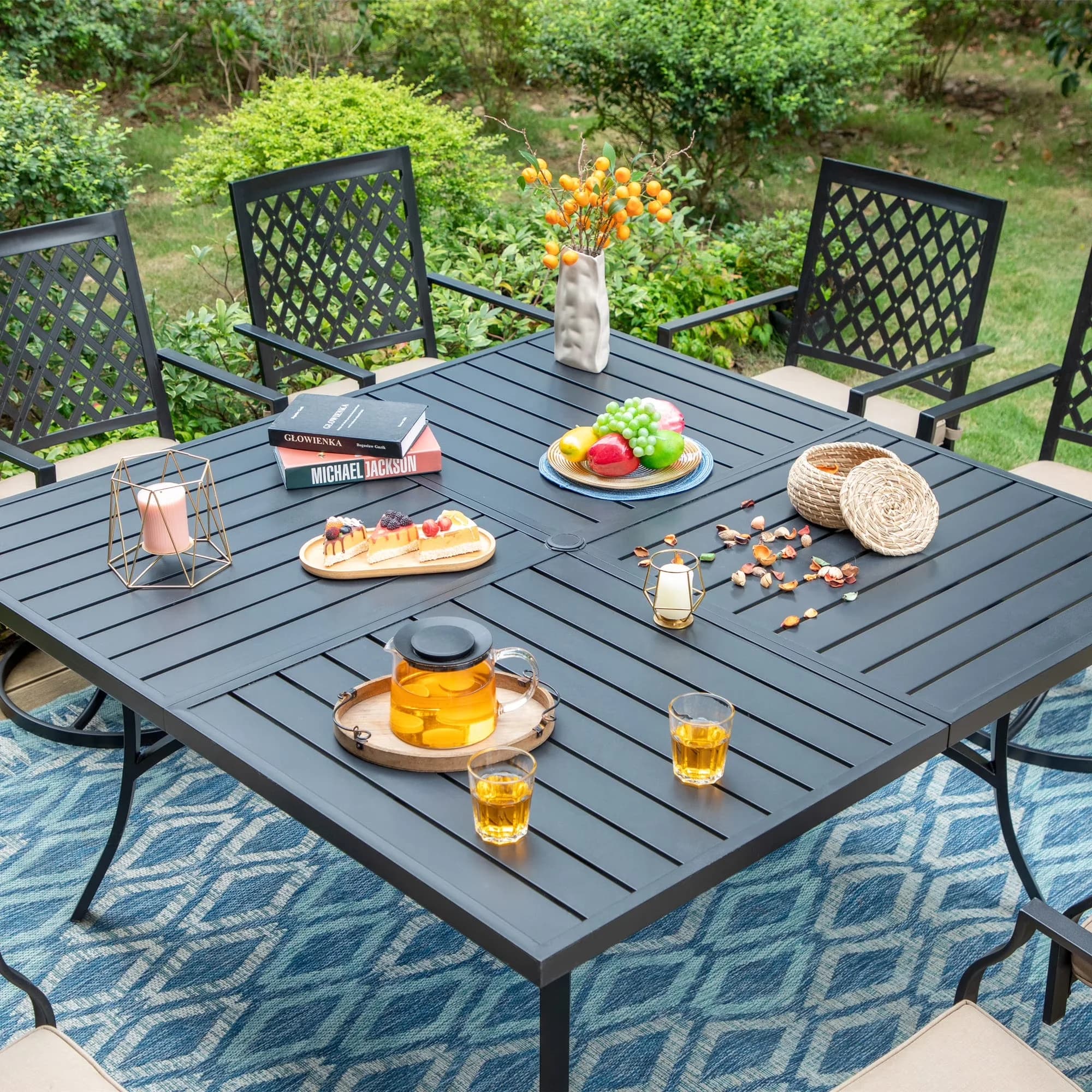 Reliable Patio Dining Set with Contemporary, Large Square Table & Swivel Chairs, 9-Piece Outdoor - Metal Steel & Polyester Black Model 50C3E7