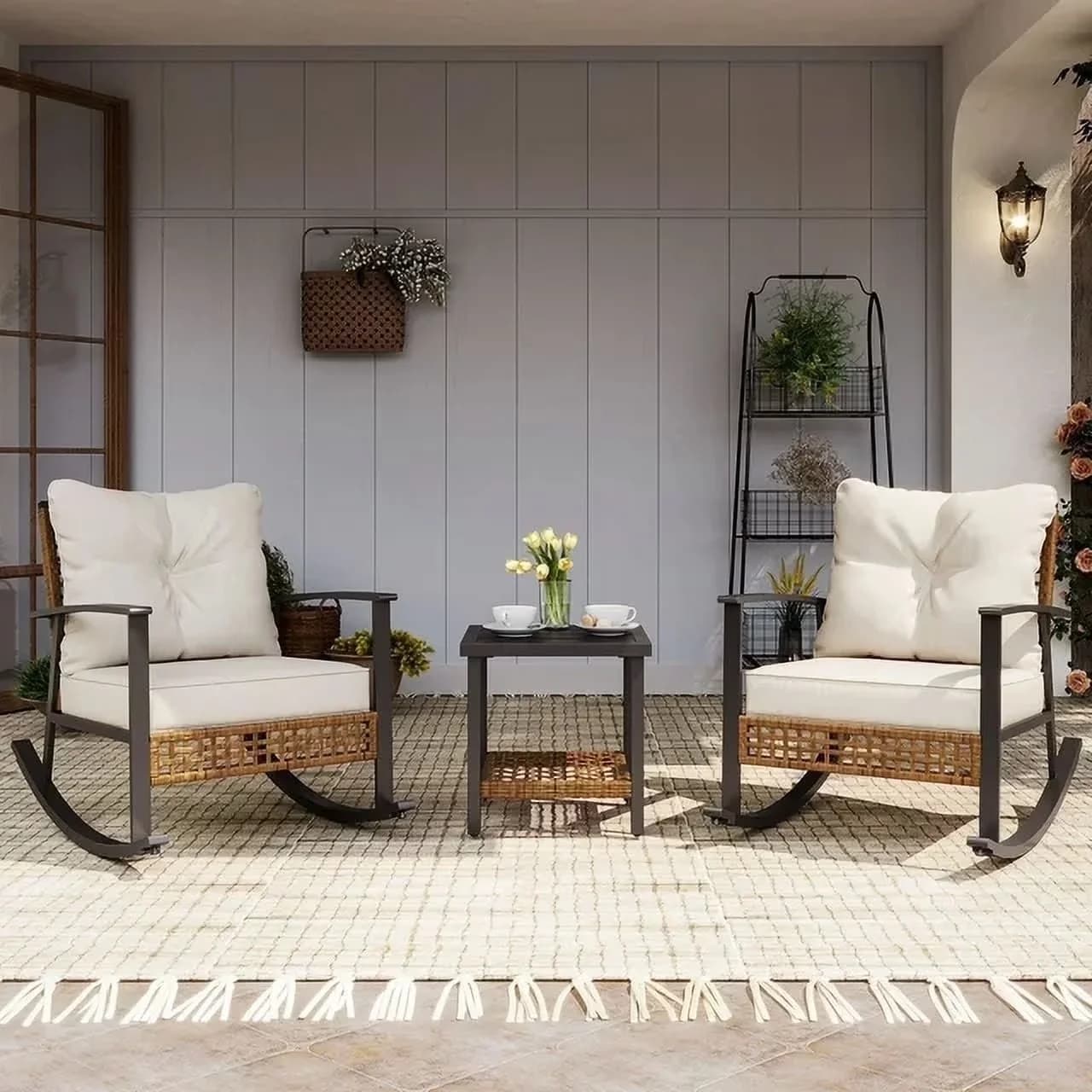 Patio Conversation Set Efficient with 2-Tier Coffee Table, 3 Pieces Outdoor, Beige Cushions - Wicker, Steel Model 8DD599