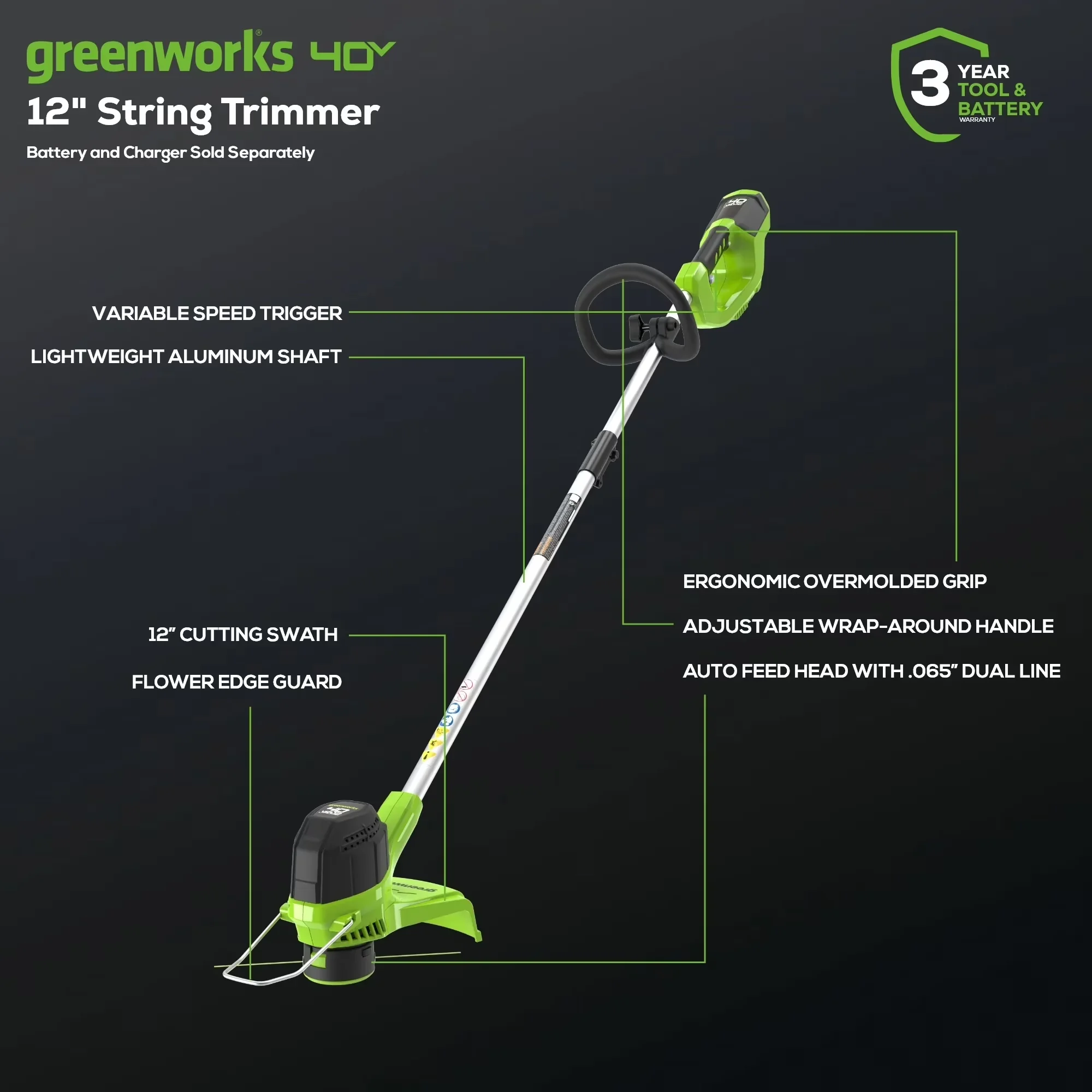 Premium String Trimmer with Battery, 40V, Automatic Line Feed - Sleek Profile Model 101F95
