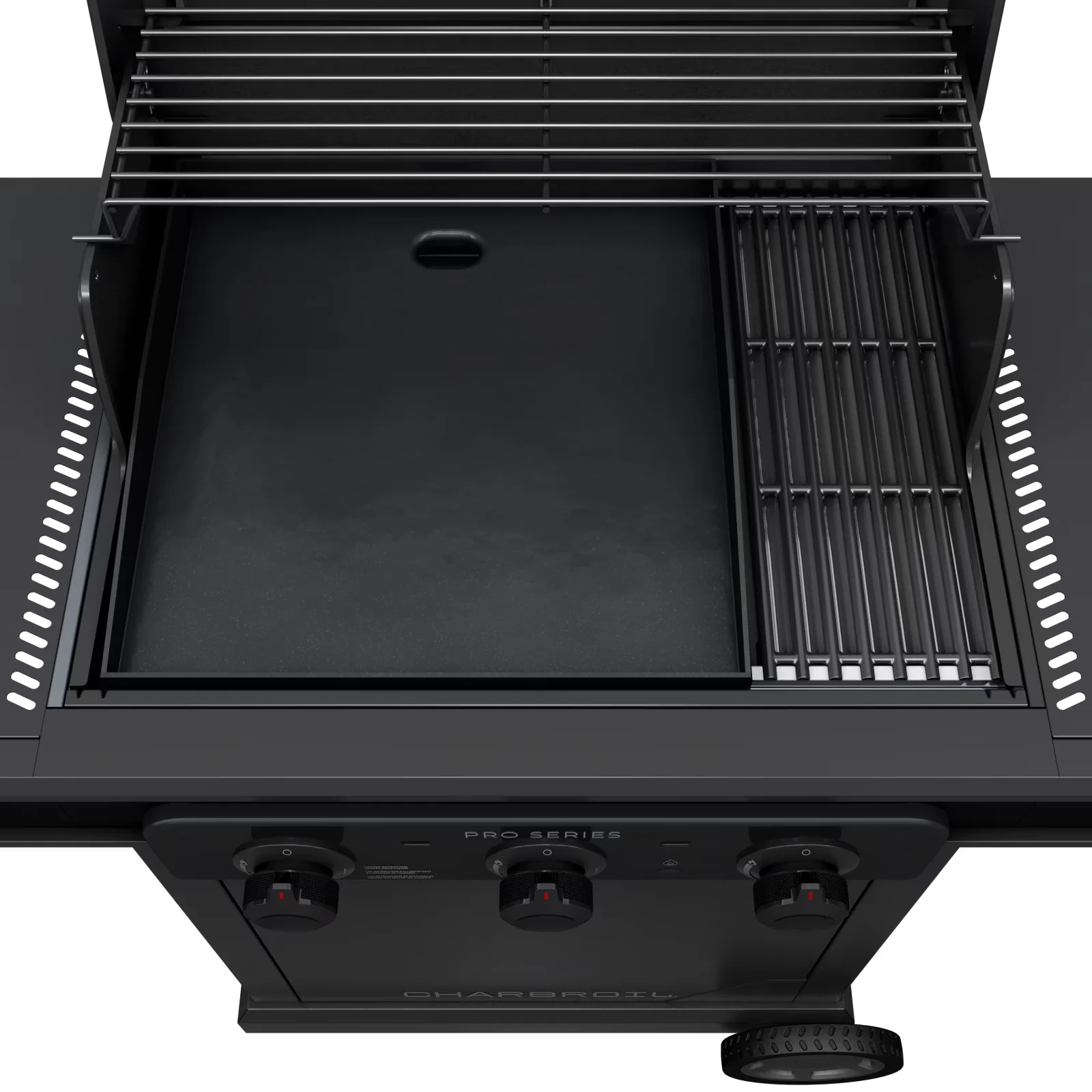 Efficient Gas Grill with Heat Thermometer, Pro Series™ 3-Burner and Griddle, Removable grease tray simplifies cleanup - Heavy Duty... Model 411977