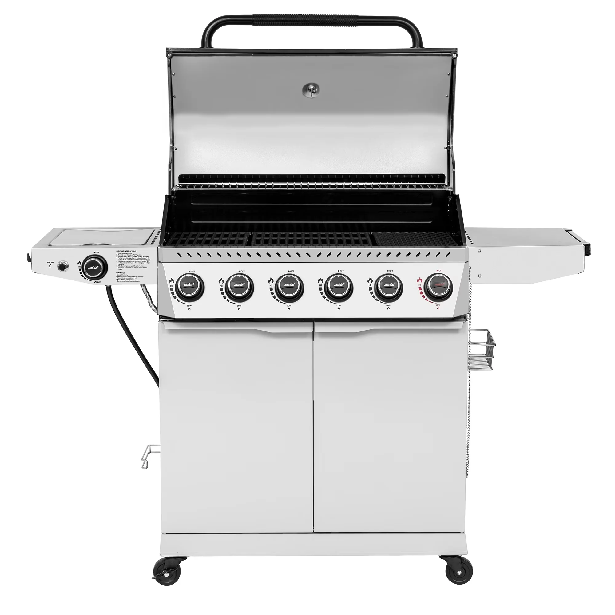 Durable Gas Grill with 74000 BTU, Warming Rack - White Steel (Main Body); Stainless Steel (Side Shelf, Flame Tamer, Control Panel,... Model 2D585F