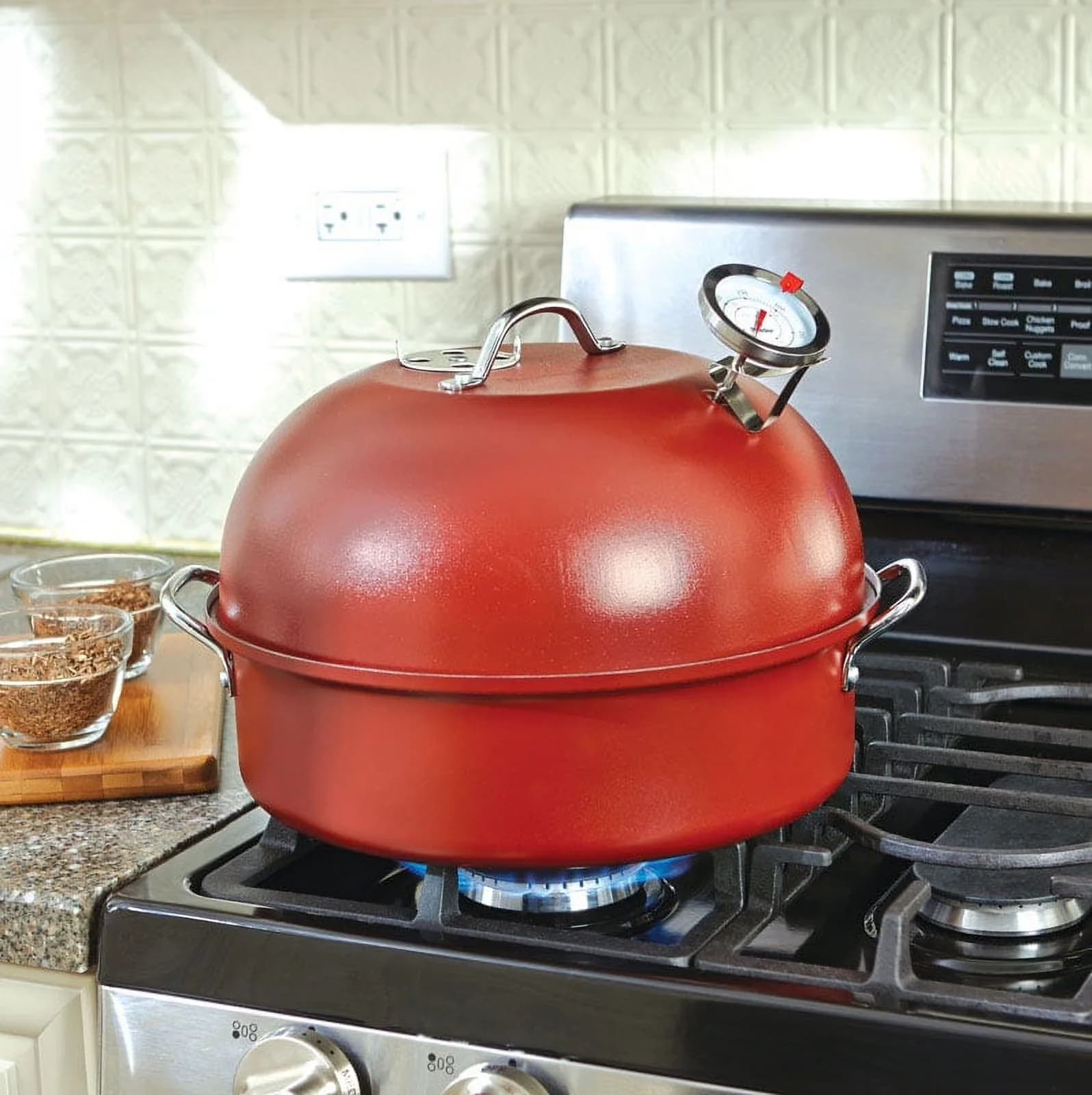 Smoker Premium with Heat Thermometer, Aluminized Steel Kettle 12.38 in. Red - Red Aluminum Model A35511