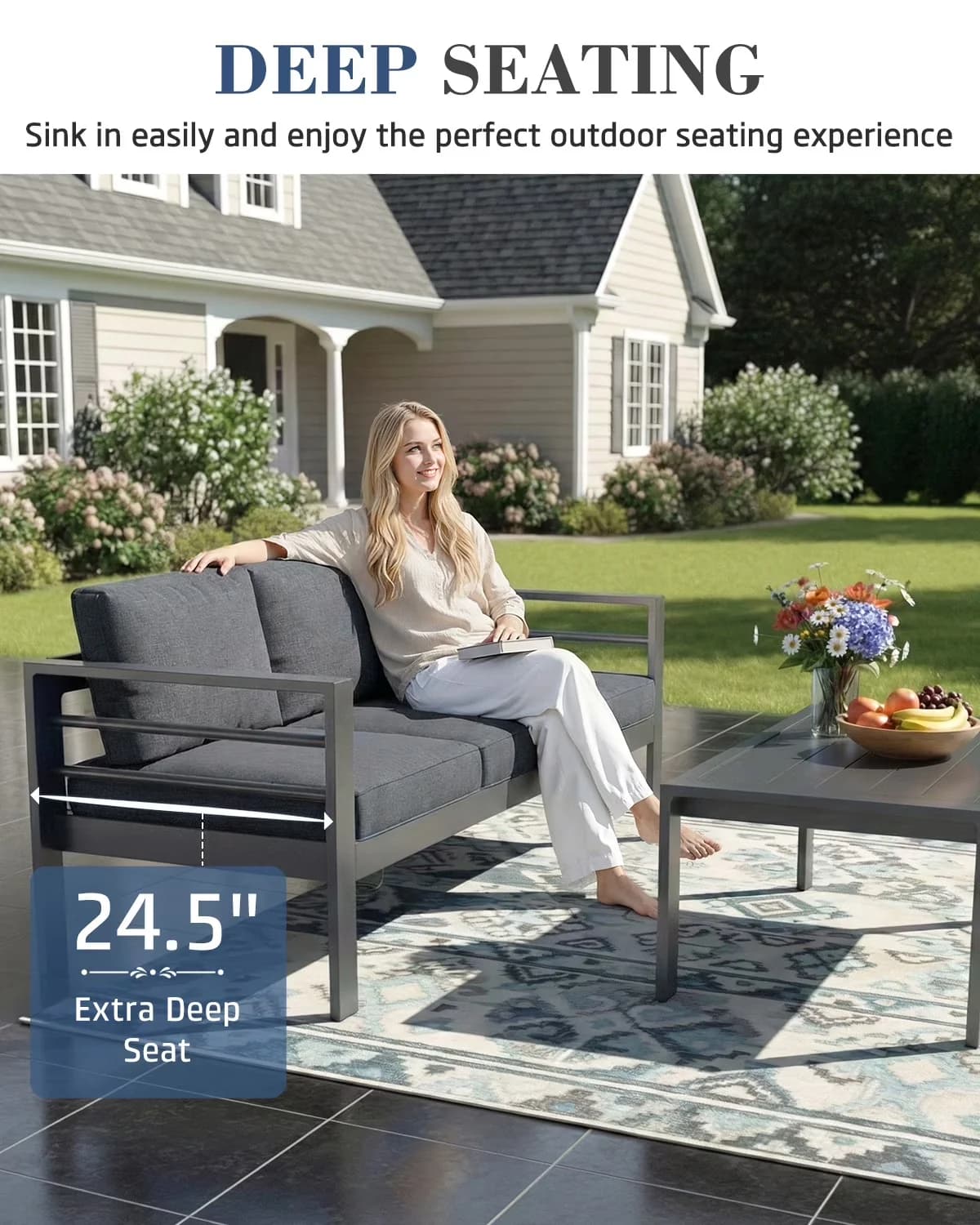Durable Patio Conversation Set with Loveseat: 50" x 26" x 30", Dark Gray, Color: Dark Gray - Gray Aluminum, Fabric, Polyester Model ABF929