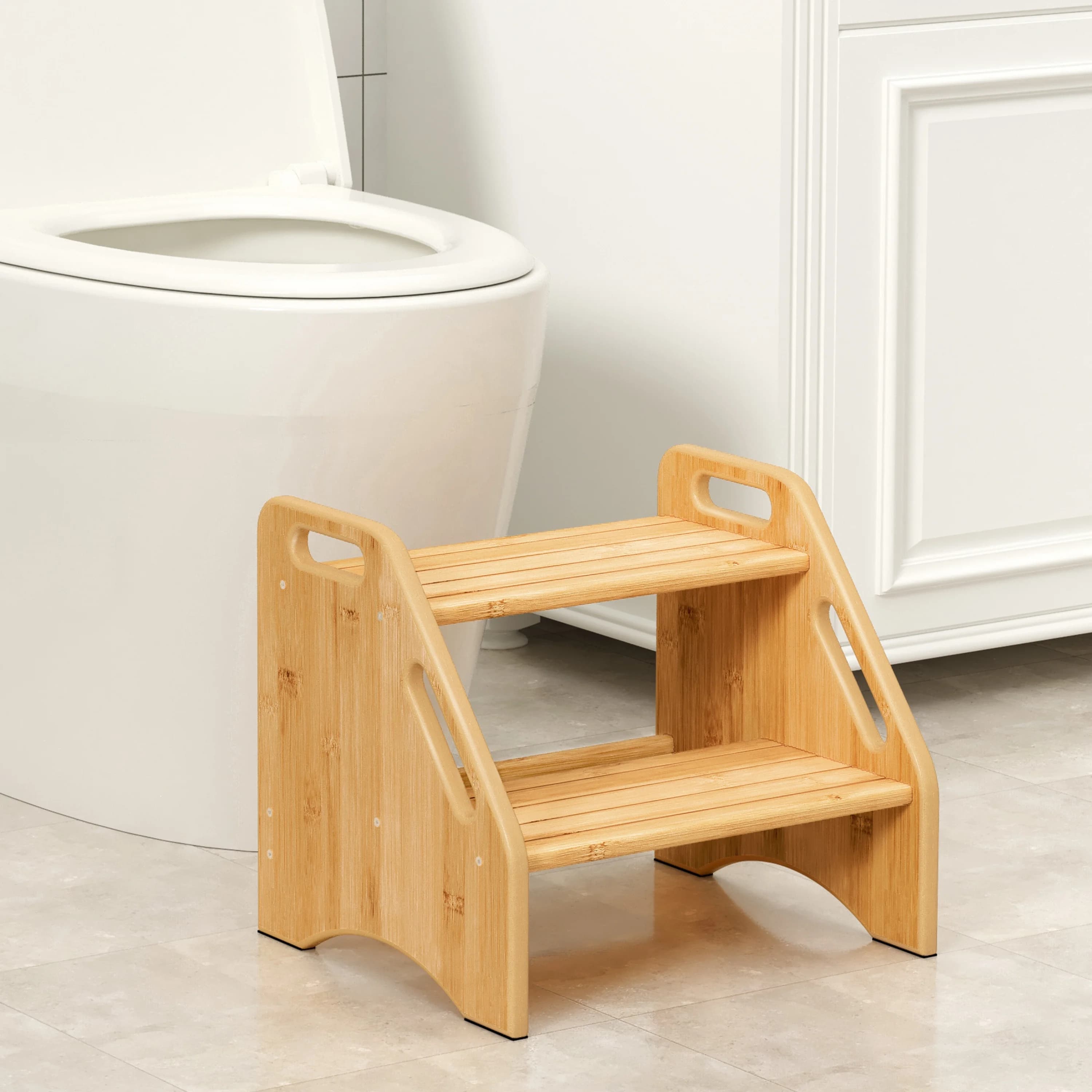 Ladders And Step Stool Quality with Adjustable Height, Bamboo - Off-White Bamboo for Living Room, Bathroom Model 891B17