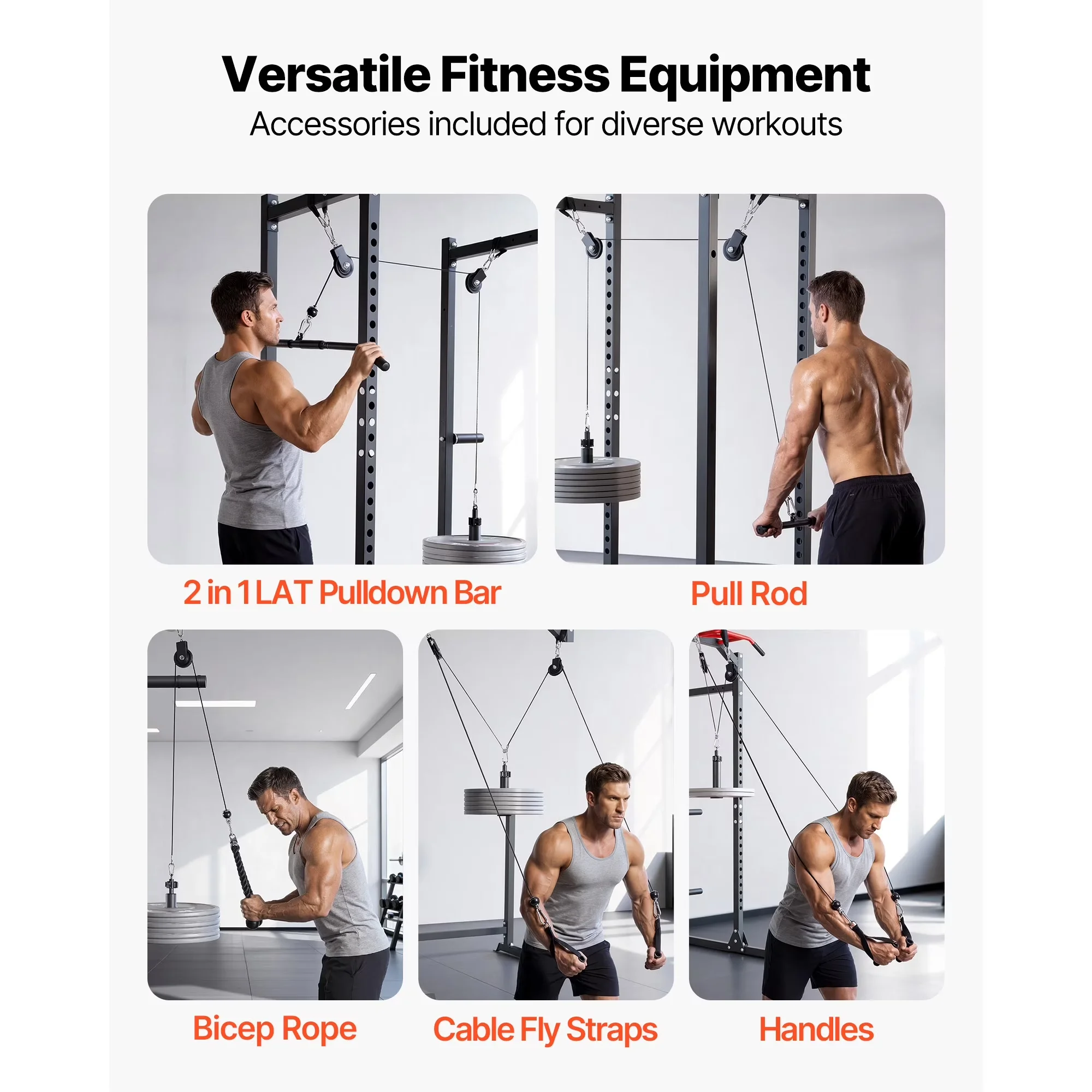Quality Home Gym Accessory with Heavy Duty, 2-Piece LAT and Lift Pulley Set, Dual Grip Handles - Steel Black Model 1C52F0