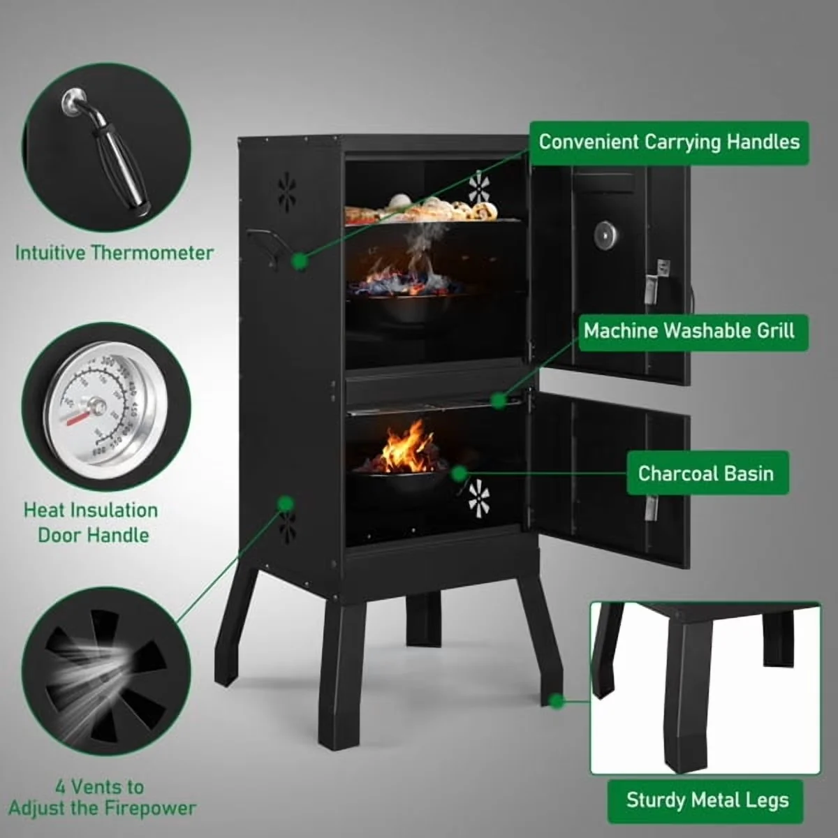 Sleek Charcoal Grill with Rust Resistant, Window, Tool Holder - Iron, Enamel Black for Camping Model 2E1EF5