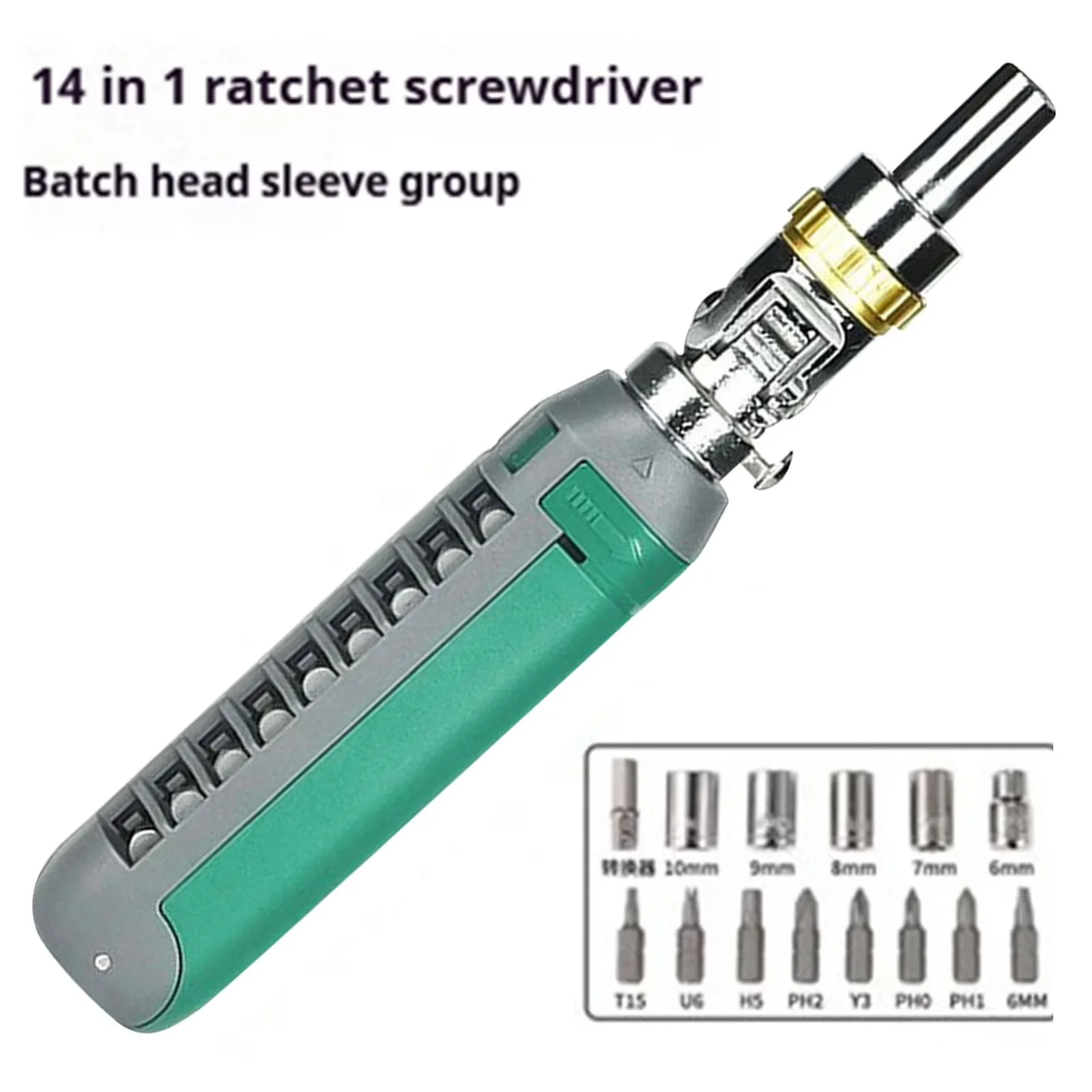 Sleek Hand Tool Set with Compact, 14-in-1 Ratchet Screwdriver, 48-Tooth Adjustable - Green Plastic Model 6C8CC6